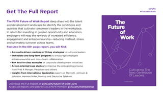 • An results-driven roadmap of 10 key strategies to cultivate leaders
• Immediate and long-term programs to encourage employee
entrepreneurship and cross-team collaboration
• 40+ best-in-class examples and 6 concepts that define the forefront
of workplace innovation
• Action-oriented case studies to improve the onboarding process from
Pret A Manger, Percolate and others
• Insights from international leadership experts at Marriott, Johnson &
Johnson, Herman Miller, Meetup and Deutsche Telekom
The PSFK Future of Work Report deep dives into the talent
and development landscape to identify the conditions and
qualities that cultivate tomorrow’s leaders in the workplace.
In return for investing in greater opportunity and education,
employers will reap the rewards of increased efficiency,
engagement and entrepreneurship—reducing mistrust, stress
and ultimately turnover across teams.
Featured in the 60+ page report, you will find:
Download the Full Report at: psfk.com/future-of-work-2016
Access all Reports and Debriefs as a PSFK Member: psfk.com/membership
Get The Full Report @PSFK
#FutureofWork
 
