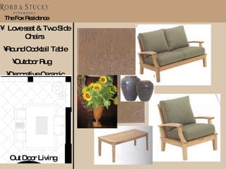 The Fox Residence Love seat & Two Side Chairs  Round Cocktail Table Outdoor Rug  Decorative Ceramic Urns  Out Door Living  