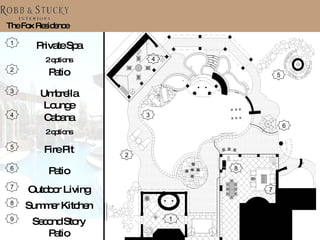 The Fox Residence 1 2 3 5 8 7 4 6 1 Private Spa 2 options 2 Patio 4 Cabana 2 options 5 Fire Pit 8 Summer Kitchen 7 Outdoor Living 3 Umbrella Lounge 6 Patio 9 Second Story Patio 