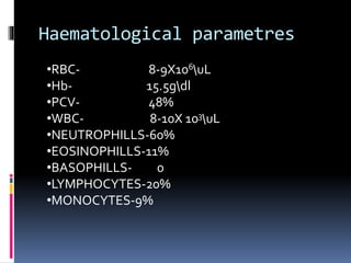 Haematological parametres
•RBC- 8-9X106uL
•Hb- 15.5gdl
•PCV- 48%
•WBC- 8-10X 103uL
•NEUTROPHILLS-60%
•EOSINOPHILLS-11%
•BASOPHILLS- 0
•LYMPHOCYTES-20%
•MONOCYTES-9%
 