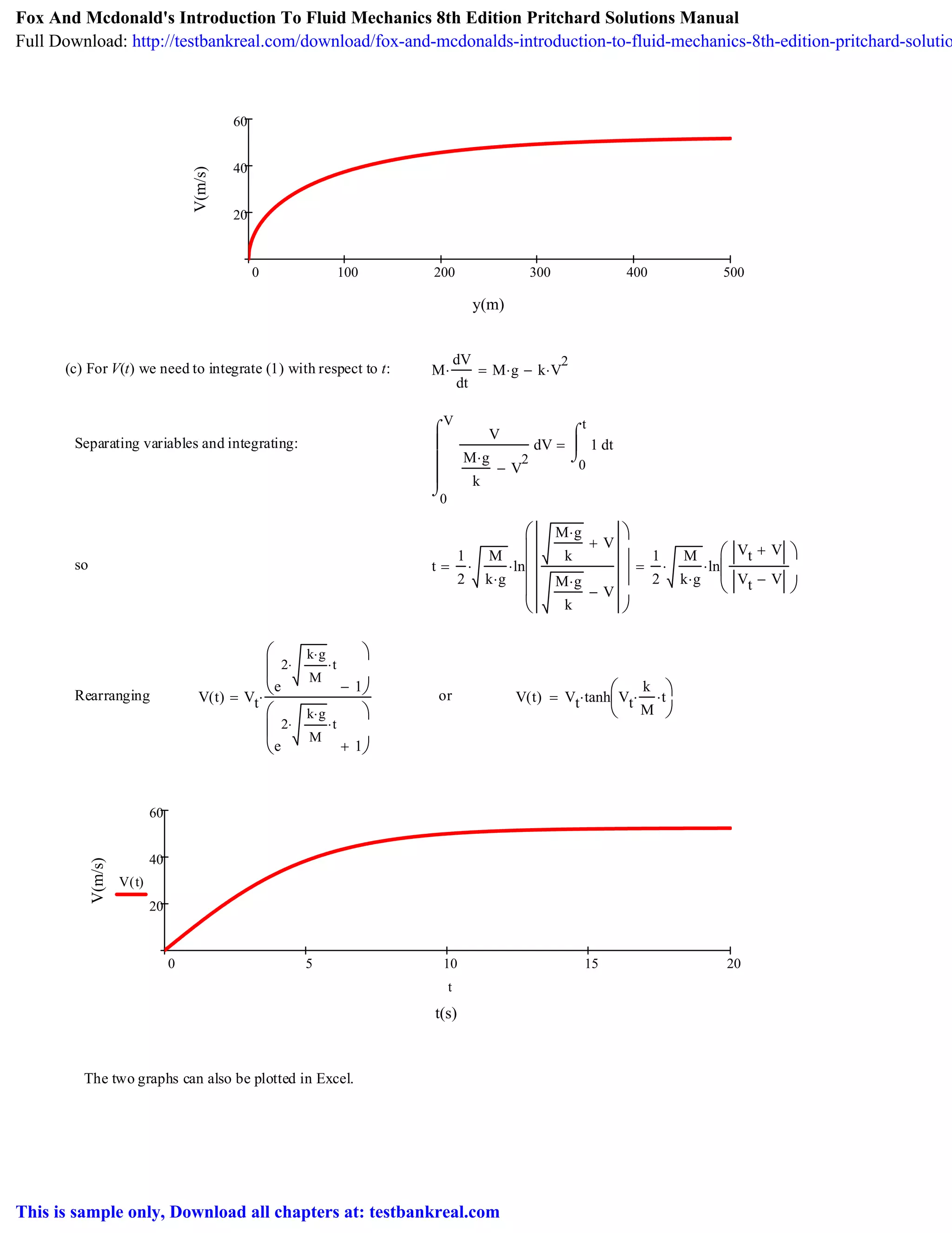 0 100 200 300 400 500
20
40
60
y(m)
V(m/s)
(c) For V(t) we need to integrate (1) with respect to t: M
dV
dt
⋅ M g⋅ k V
2
⋅−=
Separating variables and integrating:
0
V
V
V
M g⋅
k
V
2
−
⌠
⎮
⎮
⎮
⌡
d
0
t
t1
⌠
⎮
⌡
d=
so t
1
2
M
k g⋅
⋅ ln
M g⋅
k
V+
M g⋅
k
V−
⎛⎜
⎜
⎜
⎜
⎝
⎞
⎟
⎟
⎠
⋅=
1
2
M
k g⋅
⋅ ln
Vt V+
Vt V−
⎛
⎜
⎝
⎞
⎠
⋅=
Rearranging V t( ) Vt
e
2
k g⋅
M
⋅ t⋅
1−
⎛
⎜
⎝
⎞
⎠
e
2
k g⋅
M
⋅ t⋅
1+
⎛
⎜
⎝
⎞
⎠
⋅= or V t( ) Vt tanh Vt
k
M
⋅ t⋅⎛
⎜
⎝
⎞
⎠
⋅=
0 5 10 15 20
20
40
60
t(s)
V(m/s)
V t( )
t
The two graphs can also be plotted in Excel.
Fox And Mcdonald's Introduction To Fluid Mechanics 8th Edition Pritchard Solutions Manual
Full Download: http://testbankreal.com/download/fox-and-mcdonalds-introduction-to-fluid-mechanics-8th-edition-pritchard-solutio
This is sample only, Download all chapters at: testbankreal.com
 
