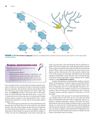12 Chapter 1
CLINICAL INVESTIGATION CLUES
Remember, the physician suggested that Laura add
polysaccharides to her diet.
• What are polysaccharides?
• Remembering that insulin secretion is stimulated by a rise
in blood glucose, and given that high insulin inhibits fat
breakdown, what dietary advantage might Laura have by
eating polysaccharides instead of mono- or disaccharides?
If you eat plant starch, you must digest the polysaccharide mole-
cules of starch in your intestine in order to absorb the separate
glucose molecules. The chemical reactions that produce diges-
tion, that break down longer molecules into their smaller sub-
units, are hydrolysis reactions. This name refers to the break-
down of a water molecule (from the Greek hydro = water; lysis
= break) that occurs at the same time a covalent bond is broken
between glucose subunits in the polysaccharide. This is illus-
trated by the hydrolysis of starch and the disaccharide maltose
in ﬁgure 1.14.
Now that the glucose molecules have been absorbed from the
intestine into your blood, they can travel to the liver and skeletal
muscles. The cells of these organs can take the glucose molecules
out of the blood and use them for a variety of purposes. They can
break glucose down further for energy (as described in chapter 2),
or they can store the carbohydrates in the form of glycogen. In
order to do that, these cells must bond the glucose molecules to-
gether. This reaction requires that a hydrogen atom (H) be removed
from one glucose molecule and a hydroxyl (OH) be removed from
another. Then a bond can form between the oxygen atom of one
glucose and the carbon atom of the other glucose molecule (ﬁg.
1.15). In this process, the hydrogen and hydroxyl are also joined
together to make HOH, or water. Because water is formed, the type
of chemical reaction that builds a larger molecule out of smaller
subunits is called dehydration synthesis.
Actually, both hydrolysis and dehydration synthesis reactions
require the participation of speciﬁc enzymes (described shortly),
and because of this they can be carefully regulated. These reac-
tions are important, and so it’s worth repeating: breakdown reac-
tions occur by hydrolysis; building reactions occur by dehydration
synthesis. This is not only true for carbohydrates, but it’s also true
for lipids, proteins, and other categories of molecules, as will be
described.
Let’s get back to the glycogen we just made from blood glu-
cose. Suppose that you now fast or go on a strict diet. Your blood
glucose concentration will start to fall, a change that must be cor-
rected to maintain homeostasis. Sensors will detect the fall in
blood glucose and activate negative feedback loops to correct that
change. As a result, the liver’s stored glycogen will be hydrolyzed
into free glucose molecules, which can be secreted into the blood.
Also, fat stored in adipose cells (and formed by dehydration syn-
thesis reactions) will be hydrolyzed to release its subunits into the
blood, as described in the next section.
O
O O O O
OH
OH
CH2OH
O
OH
OH
CH2OH
O
OH
OH
CH2
O
OH
OH
CH2OH
O
O
O
O
O
O
H
O
H
CH
2 O
H
O
O
H
O
H
CH
2 O
H
O
O
H
O
H
CH
2 O
H
Glycogen
FIGURE 1.13 The structure of glycogen. Glycogen is a polysaccharide composed of glucose subunits joined together to form a large, highly
branched molecule.
fox03490_ch01_001_026.indd 12fox03490_ch01_001_026.indd 12 11/3/07 9:15:57 AM11/3/07 9:15:57 AM
 