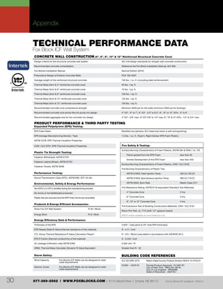 877-369-2562 | WWW.FOXBLOCKS.COM | 6110 Abbott Drive | Omaha, NE 68110 The Fox Blocks ICF Guidebook V2Feb1430
Appendix
PRODUCT PERFORMANCE & THIRD PARTY TESTING
Expanded Polystyrene (EPS) Testing:
EPS Foam Resin Modified low pentane, B/C bead size (resin is self-extinguishing)
EPS Average Manufacturing Density / Type 1.5 lbs. / cu. ft. (Type II, Rigid Cellular EPS Foam Plastic)
ASTM C578, EPS Thermal Insulation Properties
CAN / ULC S701, EPS Thermal Insulation Properties
TECHNICAL PERFORMANCE DATA
Fox Block ICF Wall System
CONCRETE WALL CONSTRUCTION (4”, 6”, 8”, 10” & 12” Reinforced Structural Concrete Core)
Design criteria for the structural concrete wall system ACI 318 design standards for straight wall concrete construction
Recommended concrete consolidation Reference the Fox Block Installation Manual, ACI 309
Fox Blocks Installation Manual Second Edition (2012)
Prescriptive Design of Exterior Concrete Walls PCA 100-2007
Average weight of the reinforced structural concrete 150 lbs. / cu. ft. (including steel reinforcement)
Thermal Mass (form & 4” reinforced concrete core) 50 lbs. / sq. ft.
Thermal Mass (form & 6” reinforced concrete core) 75 lbs. / sq. ft.
Thermal Mass (form & 8” reinforced concrete core) 100 lbs. / sq. ft.
Thermal Mass (form & 10” reinforced concrete core) 125 lbs. / sq. ft.
Thermal Mass (form & 12” reinforced concrete core) 150 lbs. / sq. ft.
Recommended concrete core compressive strength Minimum 3000 psi for the walls (minimum 2500 psi for footings)
Recommended concrete core slump flow for pump mix design 4” ICF - 6” to 7”; 6” ICF - 5.5” to 6.5”; 8", 10“ or 12" ICFs - 5" to 6"
Recommended aggregate size for the concrete mix design 4” ICF - 3/8” max.; 6” ICF 3/8” to 1/2” max; 8”, 10” & 12” ICFs - 1/2" to 3/4" max.
Plastic Tie Strength Testing:
Fastener Withdrawal, ASTM D1761
Fastener Lateral (Shear), ASTM D1761
Fastener Tensile, ASTM D638
Performance Testing:
Sound Transmission Class (STC), ASTM E90, STC 45-50+
Environmental, Safety & Energy Performance:
No HCFC's or CFC's emitted during the manufacturing process
No toxins or formaldehydes produced
Plastic ties are recycled and the EPS Foam forms are recyclable
Products & Energy Efficient Accessories:
Silver Fox ICF Wall System R-26 / Block
Energy Stick R-9 / Stick
Energy Efficiency Data & Performance:
Thickness of the EPS 2.625" / wall panel (5.25" total EPS thickness)
EPS Steady State R-Value (thermal resistance of the material) R - 4.11 / inch
CTL Group Thermal Resistance R-Value Calculation Report R - 23+ / Block (calculated in accordance with ASHRAE 90.1)
EPS K-Factor (thermal conductivity of the material) K - 0.243 / inch
Air Leakage (infiltration rate) ASTM E283 0.002 cfm / ft2
ORNL Thermal Mass Calculator Dynamic R-Value Equivalent Greater than R - 32
Storm Safety:
Wind Capacity Fox Blocks ICF Walls can be designed to meet
code requirements
Seismic Zones Fox Blocks ICF Walls can be designed to meet
code requirements
BUILDING CODE REFERENCES
ICC ES ESR-2270 Miami-Dade County Product Division NOA # 13-0124.01
CCMC - 13472-R Florida Product Approval - FL7497-R1
City of New York - MEA 201-08-M
City of Los Angeles - RR25689
State of Wisconsin - 200718-I
Fire Safety & Testing:
Surface Burning Characteristics of Foam Plastics, ASTM E84 & ANSI / UL 723
Flame spread from the EPS Foam less than 25
Smoke Development of the EPS Foam less than 450
Surface Burning Characteristics of Foam Plastics, CAN / ULC S102
Fire Burning Characteristics of Plastic Ties
ASTM D1929, Flash Ignition Temp 400 (C) 752 (F)
ASTM D1929, Spontaneous Ignition Temp 380 (C) 716 (F)
ASTM D635, Burn Rate Meets Class CC1
Fire Resistance Rating, ASTM E119 (equivalent Standard Test Methods)
4” Concrete Core 2 hrs.
6” Concrete Core 3 hrs.
8”, 10” or 12” Concrete Core 4 hrs.
Fire Endurance Test of Building Construction Materials, CAN / ULC S101
Room Fire Test, UL 1715 (with 1/2” gypsum board)
MSDS sheets available at www.foxblocks.com
 