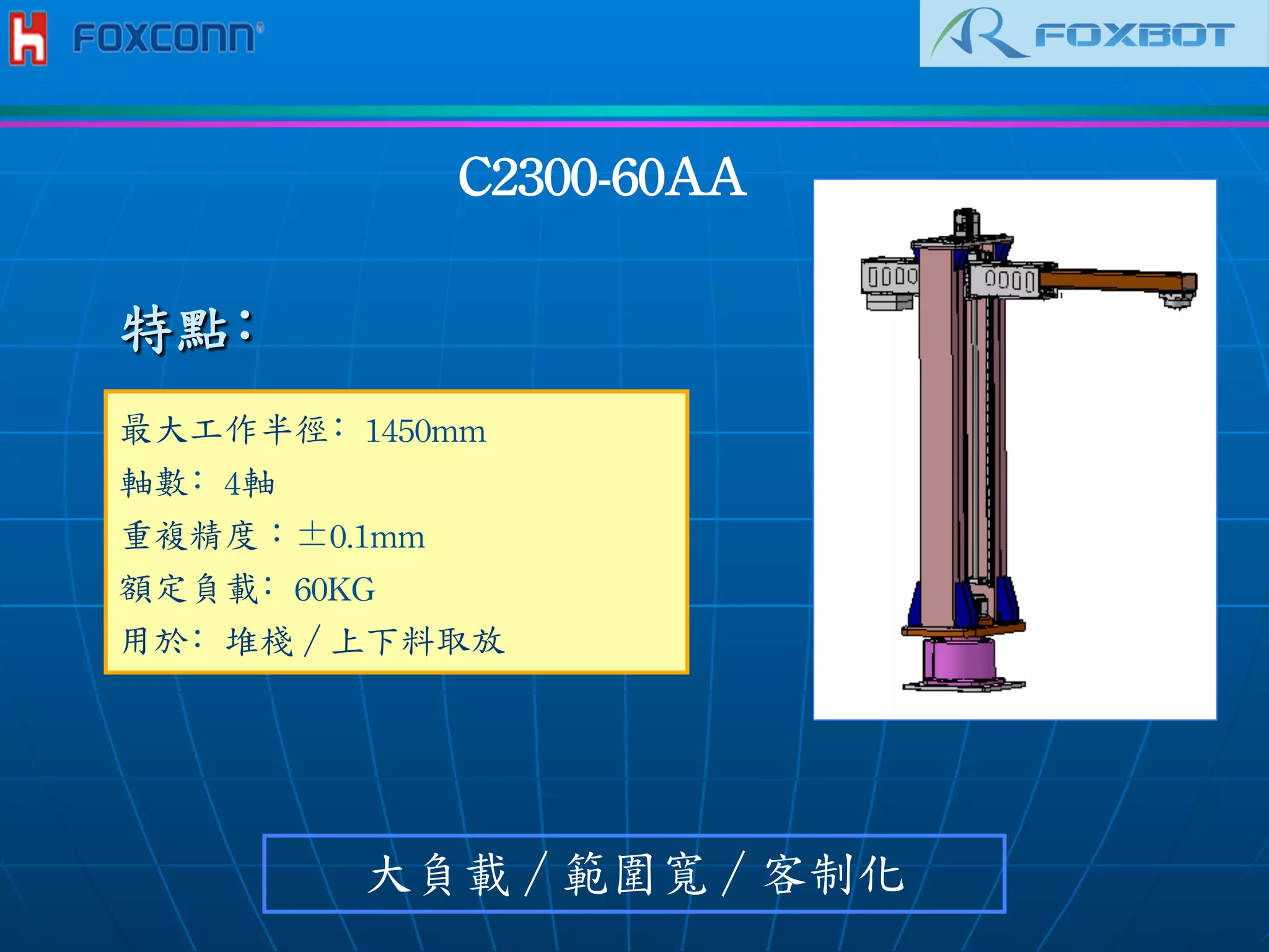 C2300-60AA	
 
最大工作半徑﹕1450mm	
 
軸數﹕4軸	
 
重複精度︰±0.1mm	
 
額定負載﹕60KG
用於﹕堆棧／上下料取放	
 
大負載／範圍寬／客制化
特點﹕
 