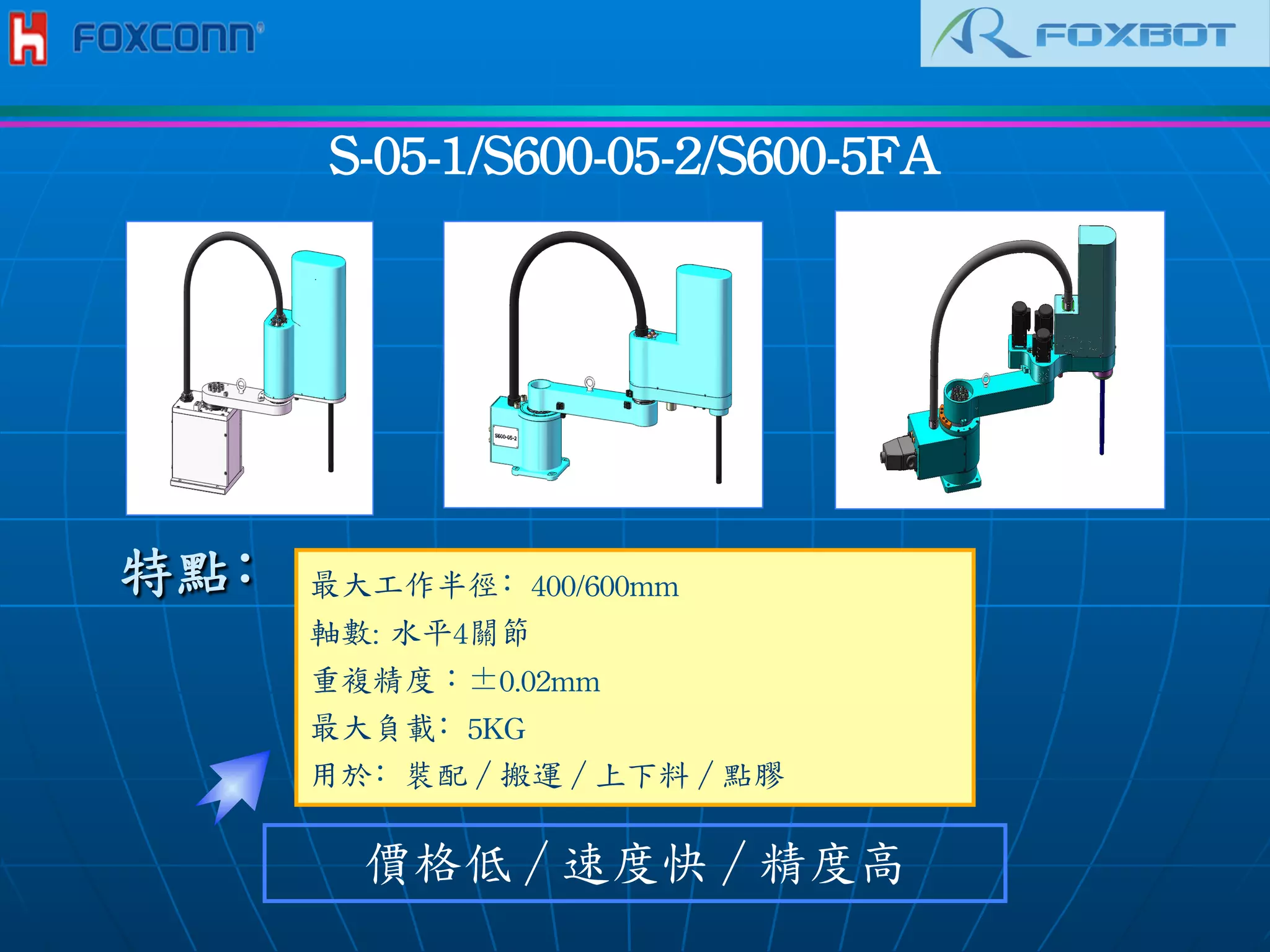 S-05-1/S600-05-2/S600-5FA	
 
最大工作半徑﹕400/600mm	
 
軸數:	
 水平4關節	
 
重複精度︰±0.02mm	
 
最大負載﹕5KG
用於﹕裝配／搬運／上下料／點膠	
 
價格低／速度快／精度高
特點﹕
 