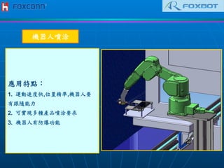 機器人噴涂	
 
應用特點：	
 
1.  運動速度快,位置精準,機器人要
	
 	
 	
 	
 有跟隨能力	
 
2.  可實現多種產品噴涂要求	
 
3. 機器人有防爆功能	
 
 