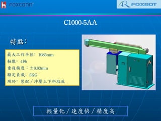 C1000-5AA	
 
最大工作半徑﹕1085mm	
 
軸數﹕4軸	
 
重複精度︰±0.03mm	
 
額定負載﹕5KG
用於﹕裝配／沖壓上下料取放	
 
輕量化／速度快／精度高
特點﹕
 