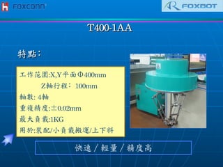 T400-1AA	
 
工作范圍:X,Y平面Φ400mm
	
 	
 	
 	
 	
 	
 	
 	
 	
 Z軸行程﹕100mm	
 
軸數:	
 4軸
重複精度:±0.02mm	
 
最大負載:1KG
用於:裝配/小負載搬運/上下料	
 
快速／輕量／精度高
特點﹕
 