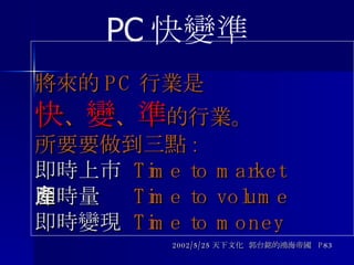 將來的 PC 行業是 快 、 變 、 準 的行業。 所要要做到三點 : 即時上市   Time to market 即時量產   Time to volume 即時變現   Time to money 2002/5/25 天下文化  郭台銘的鴻海帝國  P83 PC 快變準 