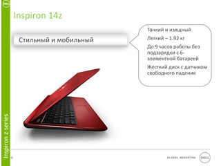 Inspiron 14z
                                                 Тонкий и изящный
                          Стильный и мобильный   Легкий – 1.92 кг
                                                 До 9 часов работы без
                                                 подзарядки с 6-
                                                 элементной батареей
                                                 Жесткий диск с датчиком
                                                 свободного падения
Inspiron z series




                    12                                   Global Marketing
 
