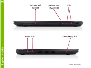 Оптический   разъем для       USB
                          привод     наушников




                    HDMI USB                      Карт-ридер 8-в-1
Inspiron z series




                                                        Global Marketing
 