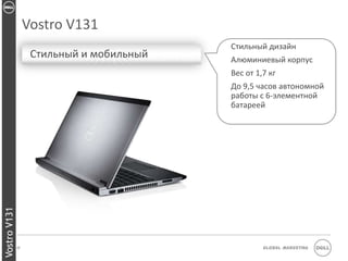 Vostro V131
                                           Стильный дизайн
                    Стильный и мобильный   Алюминиевый корпус
                                           Вес от 1,7 кг
                                           До 9,5 часов автономной
                                           работы с 6-элементной
                                           батареей
Vostro V131




              17                                    Global Marketing
 