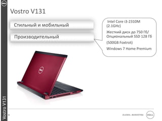 Vostro V131
                                            Intel Core i3-2310M
                    Стильный и мобильный   (2.1GHz)
                                           Жесткий диск до 750 Гб/
                    Производительный       Опциональный SSD 128 Гб
                                           (500GB Foxtrot)
                                           Windows 7 Home Premium
Vostro V131




              18                                    Global Marketing
 