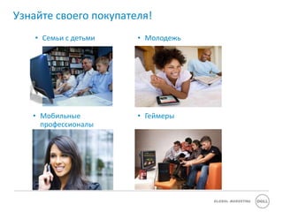 Узнайте своего покупателя!
    • Семьи с детьми   • Молодежь




   • Мобильные         • Геймеры
     профессионалы




                                    Global Marketing
 