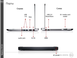 Порты
                      Справа                                  Слева


                               USB                USB 2.0          8:1 media card
                               3.0   VGA        PowerShare             reader




                       audio jack      RJ-45   HDMI
Vostro V131




                                                         AC power
                                                               Global Marketing
 
