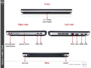Front




                                                             3:1 media
                                                            card reader
                                 Right side                                Left side




                   microphone/    optical drive   USB USB                           RJ45 VGA HDMI USB
                   head phone
Vostro 1440/1540




                                     security                 Rear        power
                                                                                  Global Marketing
 