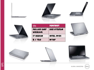 15z          Foxtrot
      fullHD 2MP   2GB GT525M
      webcam
      I7-2620M     Intel WiDi
      8 / 750      W7HP
XPS




                                Global Marketing
 