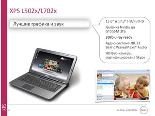 XPS L502x/L702x
                                   15.6” и 17.3” HD/FullHD
           Лучшие графика и звук
                                   Графика Nvidia до
                                   GT555M 3ГБ
                                   3D/blu-ray ready
                                   Аудио система JBL 22
                                   Ватт с WavesMaxx® Audio
                                   HD Веб-камера,
                                   сертифицирована Skype
XPS




      33                                 Global Marketing
 