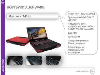 НОУТБУКИ ALIENWARE
                                      Экран 18.4” (1920 x 1080)
                  Флагман: M18x       Процессоры Intel Core i7
                                      Extreme
                                      Поддержка двух
                                      графических карт 100W
                                      GDDR5 NVIDIA или AMD
                                      Два HDD
                                      WirelessHD
                                      Программируемые
                                      Макро клавиши
                                      Любые игры на
                                      максимальных
                                      настройках
Alienware




            37                               Global Marketing
 