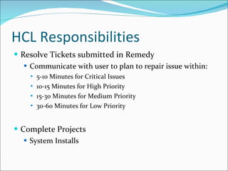 HCL Responsibilities  Resolve Tickets submitted in Remedy Communicate with user to plan to repair issue within: 5-10 Minutes for Critical Issues 10-15 Minutes for High Priority 15-30 Minutes for Medium Priority 30-60 Minutes for Low Priority Complete Projects  System Installs 