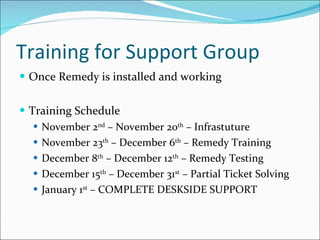 Training for Support Group  Once Remedy is installed and working Training Schedule November 2 nd  – November 20 th  – Infrastuture  November 23 th  – December 6 th  – Remedy Training December 8 th  – December 12 th  – Remedy Testing December 15 th  – December 31 st  – Partial Ticket Solving January 1 st  – COMPLETE DESKSIDE SUPPORT  