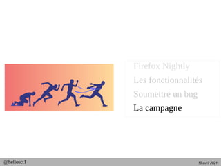 15 avril 2021
@hellosct1
Firefox Nightly
Les fonctionnalités
Soumettre un bug
La campagne
 