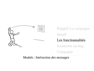 Modals : Intéraction des messages
Rappel La campagne
Install
Les fonctionnalités
Soumettre un bug
Campagne
 