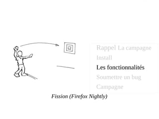 Fission (Firefox Nightly)
Rappel La campagne
Install
Les fonctionnalités
Soumettre un bug
Campagne
 