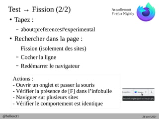 28 avril 2021
@hellosct1
Test → Fission (2/2)
●
Tapez :
– about:preferences#experimental
●
Rechercher dans la page :
Fission (isolement des sites)
– Cocher la ligne
– Redémarrer le navigateur
Actuellement
Firefox Nightly
Actions :
- Ouvrir un onglet et passer la souris
- Vérifier la présence de [F] dans l’infobulle
- Naviguer sur plusieurs sites
- Vérifier le comportement est identique
 