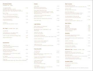 Breakfast Dishes 
Available 7am - noon: 
Full English Breakfast £11.95 
Cumberland Sausage, Bacon, Mushroom, 
Black Pudding, Grilled Tomato, Egg cooked to your liking, 
Baked Beans & Toast, a Coffee of your choice or a Pot of Tea. 
Bacon & Eggs £7.50 
The Eggs cooked as you like served with toast 
Bacon or Cumberland Sausage Sandwich £4.95 
In thickly sliced Granary Bread or a Soft White Bap 
Two Free Range Eggs (v) £4.50 
Cooked as you like with Toast 
Porridge (v) £3.95 
Served with honey and a sprinkling of cinnamon 
On Toast – available 7am - 6pm: 
Eggs Benedict £7.75 
Toasted Bagel & Our own Smoked Salmon £8.95 
with Creamed Cheese or Scrambled Egg 
French Toast with Crispy Bacon and Maple Syrup £7.25 
Welsh Rarebit with Bacon £6.95 
Sandwiches: 
Grilled Minute Steak £11.95 
in Toasted Ciabatta with Horseradish Mayonnaise, 
Rocket & Caramelised Onions 
Chicken & Avocado Tortilla Wrap £8.95 
With Salsa, Horseradish & Celery Mayonnaise 
and Melted Emmental Cheese 
Smoked Salmon & Chive Crème Fraiche Ciabatta £9.50 
Served with Rocket Salad 
BLT Ciabatta £7.95 
Layered with Crispy Bacon, Baby Gem Lettuce and Tomato 
Classic Club £9.95 
Layered with Chicken, Bacon, Egg, Tomato, Lettuce & Mayonnaise 
Salads: 
Caesar Salad £8.95 
With Anchovies & Fresh Parmesan (v) 
Add a freshly Grilled Chicken Breast £11.95 
Super Healthy Veggie Salad (v)(gf) £10.95 
Baby Spinach Leaves, Rocket, Mung Bean Sprouts, Avocado, 
Broccoli, Butter Beans, Toasted Seeds, Walnuts & Feta Cheese 
With Lemon Oil Dressing 
Smoked Salmon, Avocado & Prawn Salad (gf) £12.95 
With Marie Rose Dressing 
Warm Chicken Liver, Pancetta & Baby Gem Salad £9.95 
Greek Salad (v)(gf) £9.95 
Light Dishes: 
Salmon Smoked in our Smokehouse £8.95 
With Lemon & Brown Bread 
Wild Mushroom, Leek & Tallegio Risotto (v) (gf) £7.50 
With Parmesan 
Salmon Fish Cakes (gf) £7.50 
On Rocket Leaves with Aioli 
Omelette with two fillings (gf) £7.50 
Choose from ham, cheese, bacon, mushroom, onion, pepper or tomato. 
Hummus & Pitta Bread (v) £5.50 
Tomato, Pancetta & Basil Tagliatelle (v) £7.95 
Served with Rocket & Parmesan Salad 
Goats Cheese Tart (v) £7.95 
Served with Mediterranean Vegetables and Onion Marmalade 
From the Grill: 
10oz Ribeye (gf) £24.50 
8oz Sirloin (gf) £21.50 
With the choice of Bearnaise or Peppercorn Sauce, Chips, 
Mushroom, Tomato & Salad 
Gammon Steak with Pineapple or Fried Egg (gf) £11.95 
Served with Chips & Salad 
Foxhills Signature Burger £10.95 
With Bacon & Cheese £11.95 
With Chilli & Cheese £12.95 
Served in a Bun with Chips & Salad 
Chicken Burger £11.95 
Freshly Grilled Chicken Breast served in a Bun with Lettuce, 
Tomato, Red Onion and BBQ Sauce. 
Main Courses: 
Pan Fried Salmon Fillet (gf) £13.95 
With Buttered Vegetables, New Potatoes & Beurre Blanc with Chives 
Irish Sea Scampi £12.95 
With Chips & Chunky Tartare Sauce 
Goats Cheese Burger (v) £9.50 
Breaded Goats Cheese topped with Mushroom, Tomato & 
Onion Marmalade served in a Bun with Chips & Salad 
Pork Fillet Wrapped in Parma Ham (gf) £13.95 
Served with Tomato Provencal and Sauté Potatoes 
Chicken Cordon Bleu £12.95 
Potato Cake, Seasonal Vegetables & Garlic Butter Sauce 
Side Orders: 
Rustic Chips £3.50 
Onion Rings £3.50 
Zucchini Fritti £3.50 
Mixed Leaves with XIX Dressing £3.50 
Garlic or Cheesy Garlic Baguette £3.50 
Seasonal Vegetables £3.50 
Desserts: 
Rich Chocolate Fudge and Pecan Brownie £5.95 
Served warm with Vanilla Ice Cream 
Bourbon Vanilla Ice-Cream & Dark Chocolate Sauce £4.95 
With a Wafer 
Raspberry Cheesecake £5.95 
Fresh Fruit Salad (gf) £5.95 
With your choice of Cream or Ice Cream 
Farmhouse Cheese Selection £8.95 
Served with Celery, Apple & Biscuits 
Afternoon Tea – available 12 noon - 5pm: 
Full Afternoon Tea £12.00 
Sandwich of your choice, Scones & Clotted Cream, 
Strawberry Preserve, homemade Cake & Tea of your choice 
Home Baked Scones £4.75 
With Cornish Clotted Cream, Strawberry Preserve & Tea of your choice 
Toasted Buttered Teacakes or Crumpets £3.50 
Served with either Maple Syrup, Preserves or Honey 
Available Daily: 
Danish Pastries & Cake of the Day 
(gf) Gluten Free 
(v) Vegetarian 
Use your purple card and receive 10% free whenever you top up. 
