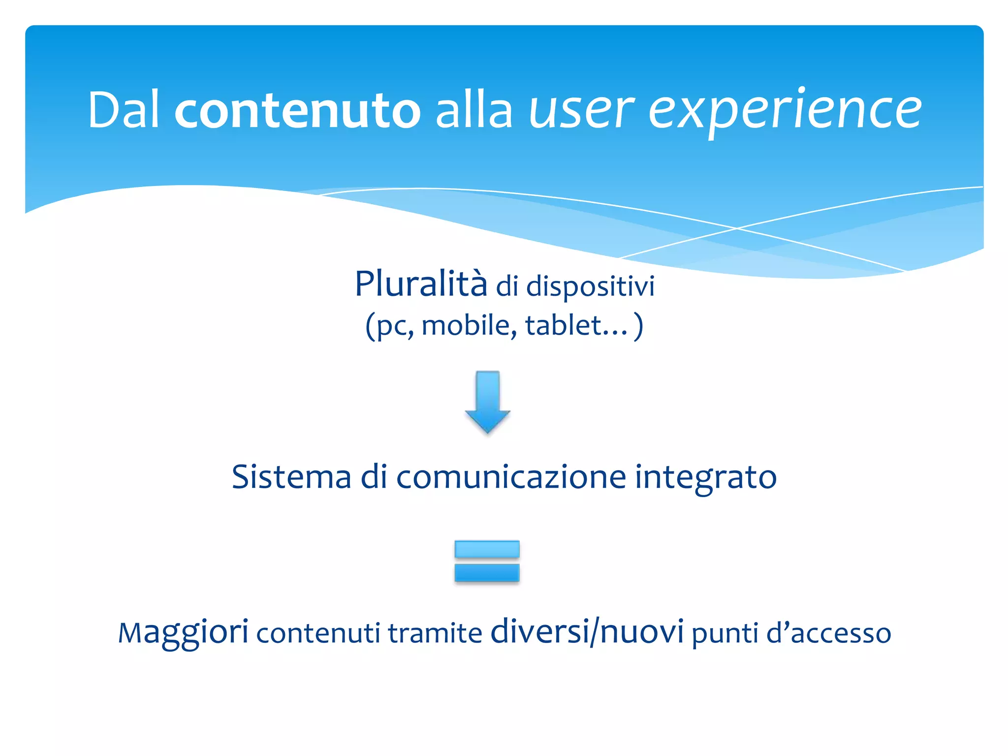 Dal contenuto alla user experience


                  Pluralità di dispositivi
                  (pc, mobile, tablet…)



         Sistema di comunicazione integrato



 Maggiori contenuti tramite diversi/nuovi punti d’accesso
 