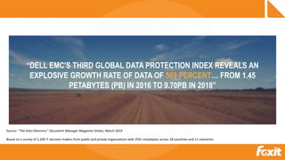 Source: “The Data Dilemma.” Document Manager Magazine Online, March 2019
Based on a survey of 2,200 IT decision makers from public and private organizations with 250+ employees across 18 countries and 11 industries
“DELL EMC'S THIRD GLOBAL DATA PROTECTION INDEX REVEALS AN
EXPLOSIVE GROWTH RATE OF DATA OF 569 PERCENT… FROM 1.45
PETABYTES (PB) IN 2016 TO 9.70PB IN 2018”
 
