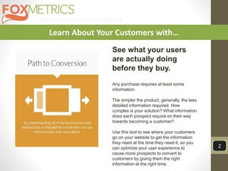 Customer Analytics and Targeting
2
Learn About Your Customers with…
See what your users
are actually doing
before they buy.
Any purchase requires at least some
information.
The simpler the product, generally, the less
detailed information required. How
complex is your solution? What information
does each prospect require on their way
towards becoming a customer?
Use this tool to see where your customers
go on your website to get the information
they need at the time they need it, so you
can optimize your user experience to
cause more prospects to convert to
customers by giving them the right
information at the right time.
 