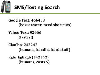 Google Text: 466453
(best answer; need shortcuts)
Yahoo Text: 92466
(fastest)
ChaCha: 242242
(humans, handles hard stuff)
kgb: kgbkgb (542542)
(humans, costs $)
SMS/Texting Search
 
