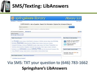 SMS/Texting: LibAnswers
Springshare’s LibAnswers
Via SMS: TXT your question to (646) 783-1662
 