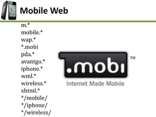m.*
mobile.*
wap.*
*.mobi
pda.*
avantgo.*
iphone.*
wml.*
wireless.*
xhtml.*
*/mobile/
*/iphone/
*/wireless/
Mobile Web
 