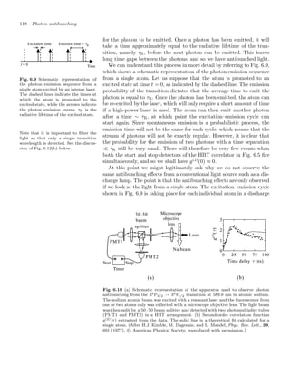 118 Photon antibunching
for the photon to be emitted. Once a photon has been emitted, it will
take a time approximately equal to the radiative lifetime of the tran-
sition, namely τR, before the next photon can be emitted. This leaves
long time gaps between the photons, and so we have antibunched light.
Time
Emission time
Excitation time
Fig. 6.9 Schematic representation of
the photon emission sequence from a
single atom excited by an intense laser.
The dashed lines indicate the times at
which the atom is promoted to the
excited state, while the arrows indicate
the photon emission events. τR is the
radiative lifetime of the excited state.
We can understand this process in more detail by referring to Fig. 6.9,
which shows a schematic representation of the photon emission sequence
from a single atom. Let us suppose that the atom is promoted to an
excited state at time t = 0, as indicated by the dashed line. The emission
probability of the transition dictates that the average time to emit the
photon is equal to τR. Once the photon has been emitted, the atom can
Note that it is important to ﬁlter the
light so that only a single transition
wavelength is detected. See the discus-
sion of Fig. 6.12(b) below.
be re-excited by the laser, which will only require a short amount of time
if a high-power laser is used. The atom can then emit another photon
after a time ∼ τR, at which point the excitation–emission cycle can
start again. Since spontaneous emission is a probabilistic process, the
emission time will not be the same for each cycle, which means that the
stream of photons will not be exactly regular. However, it is clear that
the probability for the emission of two photons with a time separation
 τR will be very small. There will therefore be very few events when
both the start and stop detectors of the HBT correlator in Fig. 6.5 ﬁre
simultaneously, and so we shall have g(2)
(0) ≈ 0.
At this point we might legitimately ask why we do not observe the
same antibunching eﬀects from a conventional light source such as a dis-
charge lamp. The point is that the antibunching eﬀects are only observed
if we look at the light from a single atom. The excitation–emission cycle
shown in Fig. 6.9 is taking place for each individual atom in a discharge
Fig. 6.10 (a) Schematic representation of the apparatus used to observe photon
antibunching from the 32P3/2 → 32S1/2 transition at 589.0 nm in atomic sodium.
The sodium atomic beam was excited with a resonant laser and the ﬂuorescence from
one or two atoms only was collected with a microscope objective lens. The light beam
was then split by a 50 : 50 beam splitter and detected with two photomultiplier tubes
(PMT1 and PMT2) in a HBT arrangement. (b) Second-order correlation function
g(2)(τ) extracted from the data. The solid line is a theoretical ﬁt calculated for a
single atom. (After H.J. Kimble, M. Dagenais, and L. Mandel, Phys. Rev. Lett., 39,
691 (1977), c
 American Physical Society, reproduced with permission.)
 