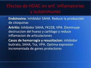 Efectos de HDAC en enf. Inflamatorias
y autoinmunes
Endotoxina: Inhibidor SAHA. Reduce la producción
de citoquinas
Artritis: Inhibidor SAHA, FK228, VPA. Disminuye
destruccion del hueso y cartilago y reduce
inflamacion de articulaciones
Casos de hemorragia y resusitacion: inhibidor
butirato, SAHA, Tsa, VPA. Optima expresion
incrementada de genes protectores
 