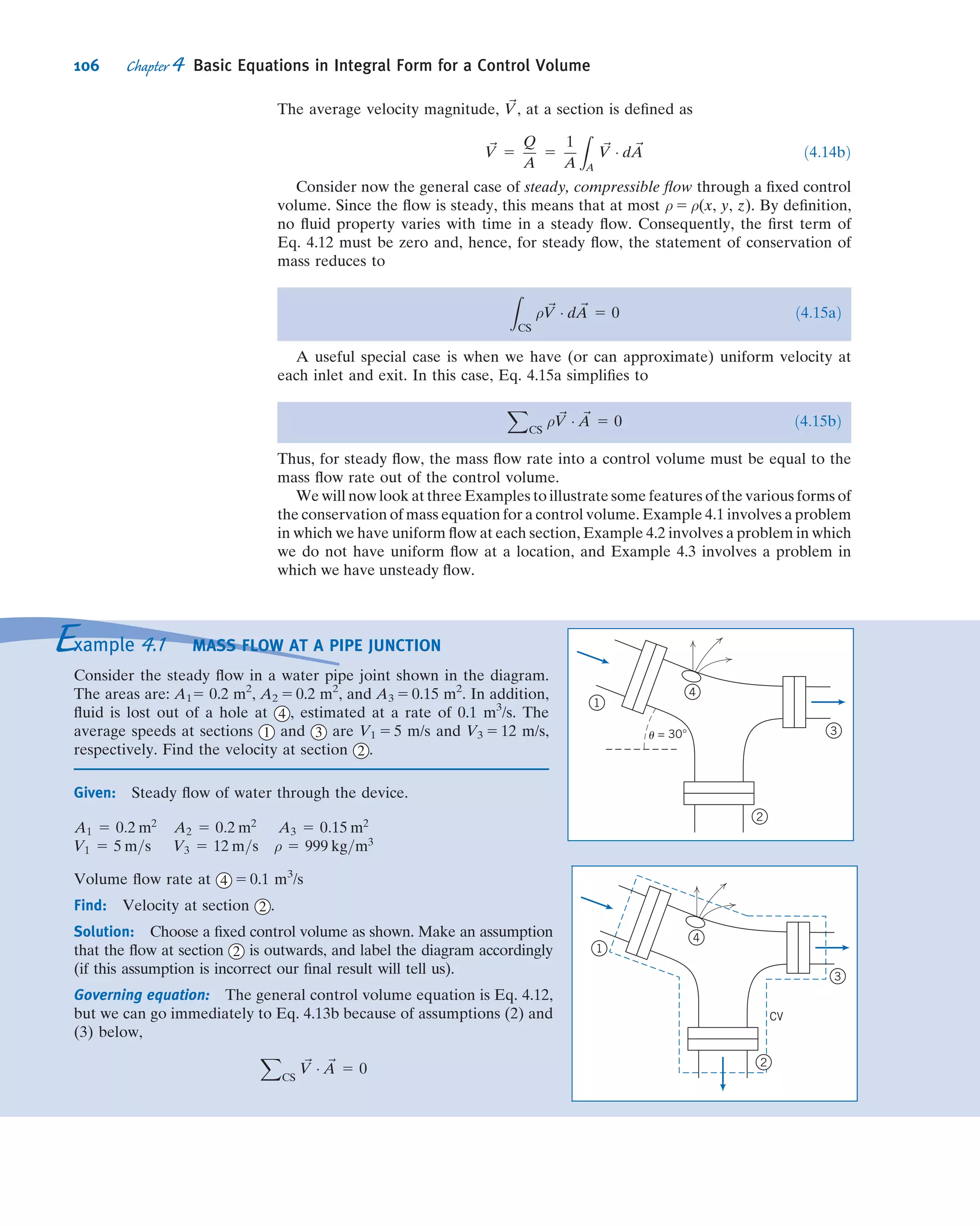 feet. Assume the width of the canoe is constant at w = 2 ft
over its entire length L 5 18 ft. Set up a general algebraic
expression relating the total mass of the canoe and its con-
tents to distance d between the water surface and the gun-
wale of the ﬂoating canoe. Calculate the maximum total
mass allowable without swamping the canoe.
3.86 The cylinder shown is supported by an incompressible
liquid of density ρ, and is hinged along its length. The
cylinder, of mass M, length L, and radius R, is immersed in
liquid to depth H. Obtain a general expression for the
cylinder speciﬁc gravity versus the ratio of liquid depth
to cylinder radius, α 5 H/R, needed to hold the cylinder in
equilibrium for 0 # α , 1. Plot the results.
H
R
Hinge
P3.86
3.87 A canoe is represented by a right semicircular cylinder,
with R 5 1.2 ft and L 5 17 ft. The canoe ﬂoats in water that is
d 5 1 ft deep. Set up a general algebraic expression for the
total mass (canoe and contents) that can be ﬂoated, as a
function of depth. Evaluate for the given conditions. Plot the
results over the range of water depth 0 # d # R.
3.88 A glass observation room is to be installed at the corner of
thebottomofanaquarium.Theaquariumisﬁlledwithseawater
to a depth of 35 ft. The glass is a segment of a sphere, radius 5 ft,
mounted symmetrically in the corner. Compute the magnitude
and direction of the net force on the glass structure.
*3.89 A hydrometer is a speciﬁc gravity indicator, the value
being indicated by the level at which the free surface intersects
the stemwhenﬂoating inaliquid.The 1.0markis thelevelwhen
in distilled water. For the unit shown, the immersed volume in
distilled water is 15 cm3
. The stem is 6 mm in diameter. Find the
distance, h, from the 1.0 mark to the surface when the hydro-
meter is placed in a nitric acid solution of speciﬁc gravity 1.5.
h
1.0
Nitric
acid
10 kg
Water
= 0.025 m3
V
P3.89 P3.90
*3.90 Find the speciﬁc weight of the sphere shown if its
volume is 0.025m3
. State all assumptions. What is the equi-
librium position of the sphere if the weight is removed?
*3.91 The fat-to-muscle ratio of a person may be determined
from a speciﬁc gravity measurement. The measurement is
made by immersing the body in a tank of water and measuring
the net weight. Develop an expression for the speciﬁc
gravity of a person in terms of their weight in air, net weight
in water, and SG 5 f(T) for water.
*3.92 Quantify the statement, “Only the tip of an iceberg
shows (in seawater).”
*3.93 An open tank is ﬁlled to the top with water. A steel
cylindrical container, wall thickness δ 5 1 mm, outside diameter
D5 100 mm, and height H5 1 m, with an open top, is gently
placed in the water. What is the volume of water that overﬂows
from the tank? How many 1 kg weights must be placed in the
container to make it sink? Neglect surface tension effects.
*3.94 Quantify the experiment performed by Archimedes to
identify the material content of King Hiero’s crown. Assume
you can measure the weight of the king’s crown in air, Wa,
and the weight in water, Ww. Express the speciﬁc gravity of
the crown as a function of these measured values.
*3.95 Gas bubbles are released from the regulator of a
submerged scuba diver. What happens to the bubbles as they
rise through the seawater? Explain.
*3.96 Hot-air ballooning is a popular sport. According to a
recent article, “hot-air volumes must be large because air
heated to 150
F over ambient lifts only 0.018 lbf/ft3
com-
pared to 0.066 and 0.071 for helium and hydrogen, respec-
tively.” Check these statements for sea-level conditions.
Calculate the effect of increasing the hot-air maximum
temperature to 250
F above ambient.
*3.97 Hydrogen bubbles are used to visualize water ﬂow
streaklines in the video, Flow Visualization. A typical
hydrogen bubble diameter is d 5 0.001 in. The bubbles tend
to rise slowly in water because of buoyancy; eventually they
reach terminal speed relative to the water. The drag force
of the water on a bubble is given by FD 5 3πμVd, where μ is
the viscosity of water and V is the bubble speed relative
to the water. Find the buoyancy force that acts on a hydrogen
bubble immersed in water. Estimate the terminal speed of
a bubble rising in water.
*3.98 It is desired to use a hot air balloon with a volume of
320,000 ft3
for rides planned in summer morning hours when
the air temperature is about 48
F. The torch will warm the
air inside the balloon to a temperature of 160
F. Both inside
and outside pressures will be “standard” (14.7 psia). How
much mass can be carried by the balloon (basket, fuel, pas-
sengers, personal items, and the component of the balloon
itself) if neutral buoyancy is to be assured? What mass can be
carried by the balloon to ensure vertical takeoff acceleration
of 2.5 ft/s2
? For this, consider that both balloon and inside air
have to be accelerated, as well as some of the surrounding air
(to make way for the balloon). The rule of thumb is that the
total mass subject to acceleration is the mass of the balloon,
all its appurtenances, and twice its volume of air. Given that
the volume of hot air is ﬁxed during the ﬂight, what can the
balloonists do when they want to go down?
*3.99 Scientiﬁc balloons operating at pressure equilibrium
with the surroundings have been used to lift instrument
packages to extremely high altitudes. One such balloon,
*These problems require material from sections that may be omitted without loss of continuity in the text material.
92 Chapter 3 Fluid Statics
 