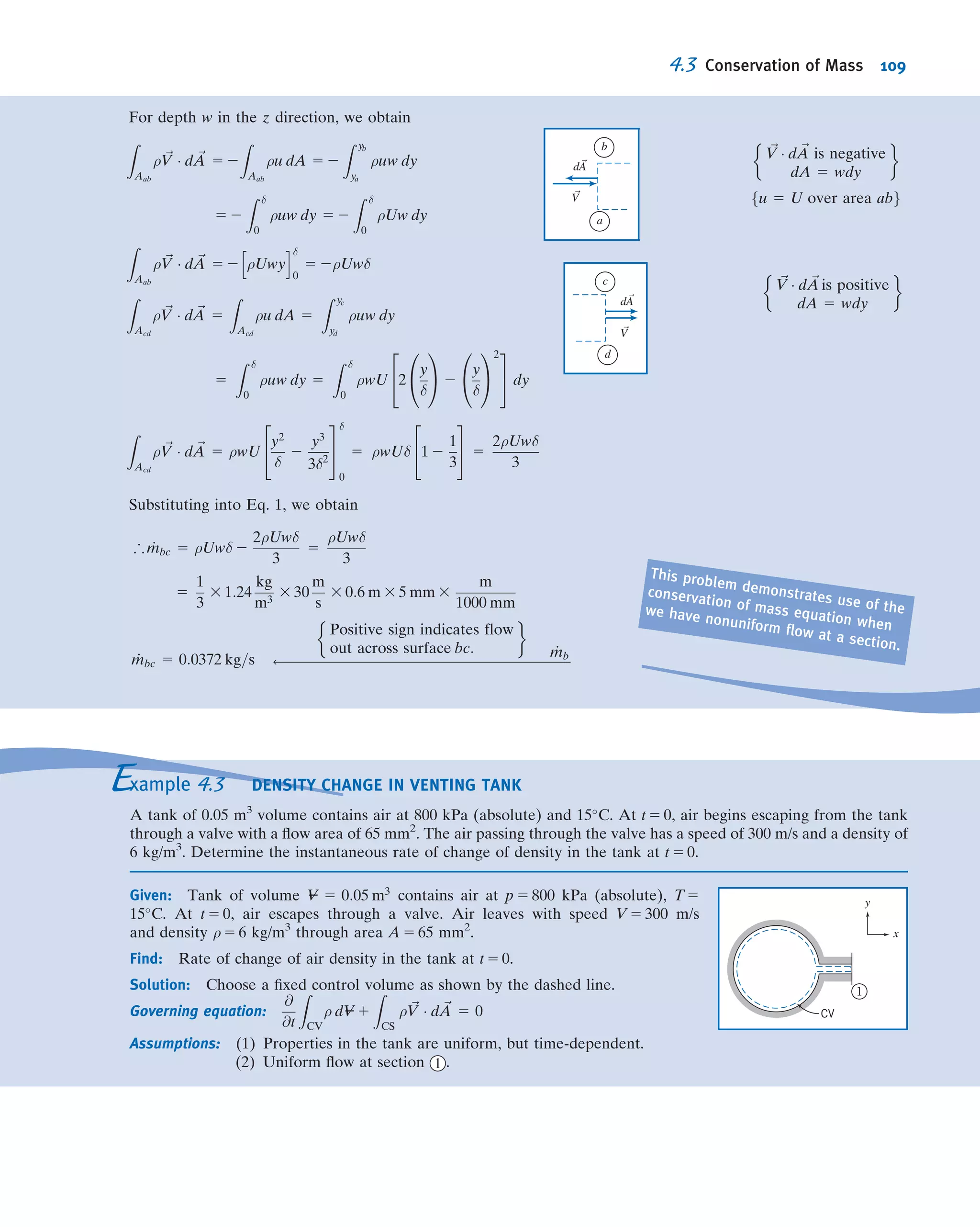 peripheral speed of a gas centrifuge is limited by stress
considerations to about 950 ft/s. Assume a gas centrifuge
containing uranium hexaﬂuoride gas, with molecular gas Mm =
352, and ideal gas behavior. Develop an expression for the
ratio of maximum pressure to pressure at the centrifuge axis.
Evaluate the pressure ratio for a gas temperature of 620
F.
*3.125 A pail, 400 mm in diameter and 400 mm deep, weighs
15 N and contains 200 mm of water. The pail is swung in a
vertical circle of 1-m radius at a speed of 5 m/s. Assume the
water moves as a rigid body. At the instant when the pail is at
the top of its trajectory, compute the tension in the string and
the pressure on the bottom of the pail from the water.
*3.126 A partially full can of soda is placed at the outer edge
of a child’s merry-go-round, located R 5 5 ft from the axis of
rotation. The can diameter and height are 2.5 in. and 5 in.,
respectively. The can is half full, and the soda has speciﬁc
gravity SG 5 1.05. Evaluate the slope of the liquid surface in
the can if the merry-go-round spins at 20 rpm. Calculate the
spin rate at which the can would spill, assuming no slippage
between the can bottom and the merry-go-round. Would the
can most likely spill or slide off the merry-go-round?
*3.127 When a water polo ball is submerged below the
surface in a swimming pool and released from rest, it is
observed to pop out of the water. How would you expect the
height to which it rises above the water to vary with depth of
submersion below the surface? Would you expect the same
results for a beach ball? For a table-tennis ball?
*3.128 Cast iron or steel molds are used in a horizontal-
spindle machine to make tubular castings such as liners and
tubes. A charge of molten metal is poured into the spinning
mold. The radial acceleration permits nearly uniformly thick
wall sections to form. A steel liner, of length L 5 6 ft, outer
radius ro 5 6 in., and inner radius ri 5 4 in., is to be formed by
this process. To attain nearly uniform thickness, the angular
velocity should beat least 300rpm.Determine (a)the resulting
radial acceleration on the inside surface of the liner and (b) the
maximum and minimum pressures on the surface of the mold.
*3.129 The analysis of Problem 3.121 suggests that it may be
possible to determine the coefﬁcient of sliding friction
between two surfaces by measuring the slope of the free
surface in a liquid-ﬁlled container sliding down an inclined
surface. Investigate the feasibility of this idea.
*These problems require material from sections that may be omitted without loss of continuity in the text material.
Problems 95
 