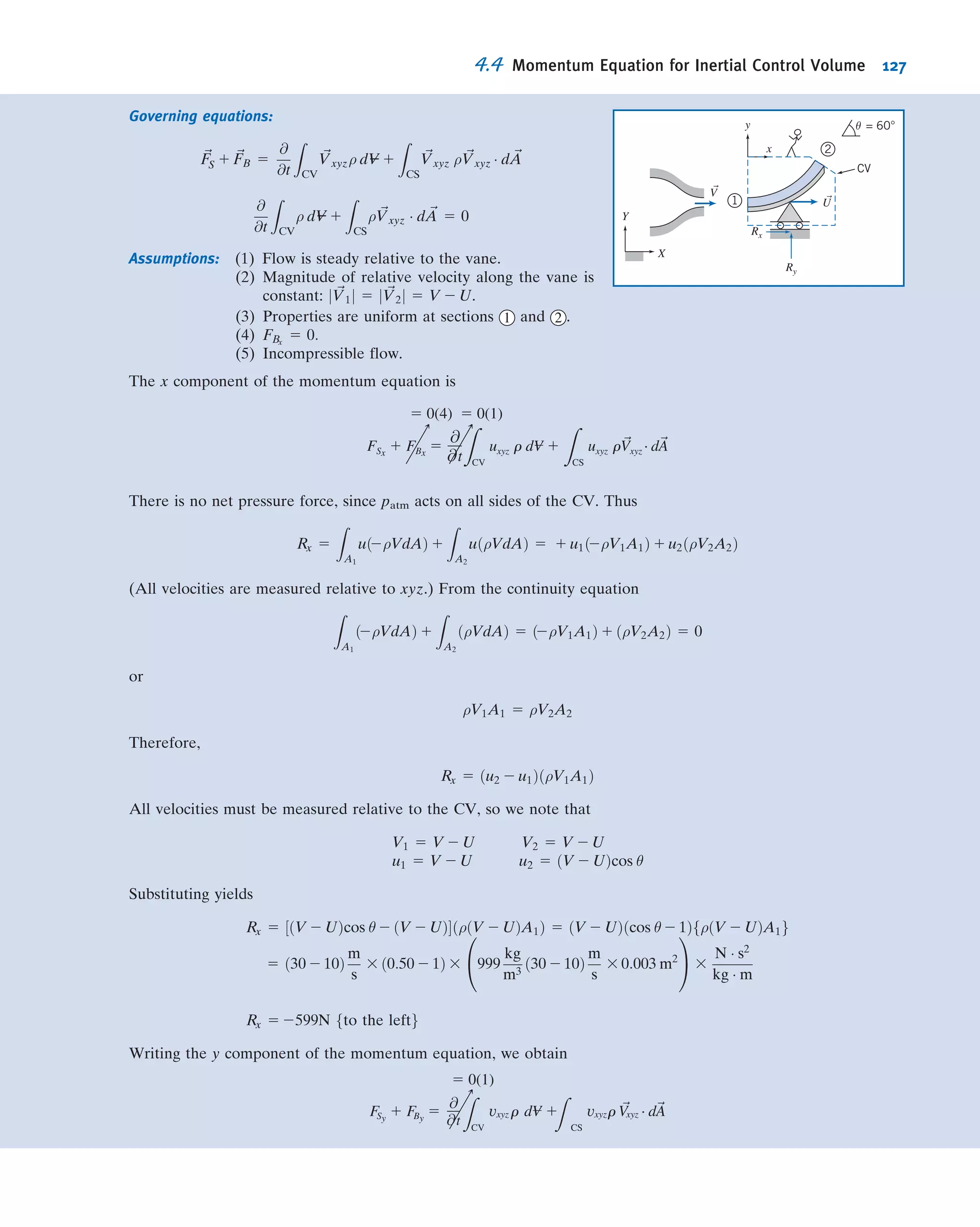 Example 4.4 CHOICE OF CONTROL VOLUME FOR MOMENTUM ANALYSIS
Water from a stationary nozzle strikes a ﬂat plate as shown. The water leaves the
nozzle at 15 m/s; the nozzle area is 0.01 m2
. Assuming the water is directed normal to
the plate, and ﬂows along the plate, determine the horizontal force you need to resist
to hold it in place.
Given: Water from a stationary nozzle is directed normal to the plate; subsequent
ﬂow is parallel to plate.
Jet velocity; ~V 5 15^i m=s
Nozzle area; An 5 0:01 m2
Find: Horizontal force on your hand.
Solution: We chose a coordinate system in deﬁning the problem above. We must now choose a suitable control
volume. Two possible choices are shown by the dashed lines below.
In both cases, water from the nozzle crosses the control surface through area A1 (assumed equal to the nozzle area)
and is assumed to leave the control volume tangent to the plate surface in the 1y or 2y direction. Before trying to
decide which is the “best” control volume to use, let us write the governing equations.
~F 5 ~FS 1 ~FB 5
@
@t
Z
CV
~VρdV--- 1
Z
CS
~Vρ ~V Á d ~A and
@
@t
Z
CV
ρ dV--- 1
Z
CS
ρ ~V Á d ~A 5 0
Assumptions: (1) Steady ﬂow.
(2) Incompressible ﬂow.
(3) Uniform ﬂow at each section where ﬂuid crosses the CV boundaries.
Regardless of our choice of control volume, assumptions (1), (2), and (3) lead to
~F 5 ~FS 1 ~FB 5
X
CS
~Vρ ~V Á ~A and
X
CS
ρ ~V Á ~A 5 0
Evaluating the momentum ﬂux term will lead to the same result for both control volumes. We should choose the
control volume that allows the most straightforward evaluation of the forces.
Remember in applying the momentum equation that the force, ~F, represents all forces acting on the control volume.
Let us solve the problem using each of the control volumes.
CVI
The control volume has been selected so that the area of the left surface is equal to the
area of the right surface. Denote this area by A.
The control volume cuts through your hand. We denote the components of the reac-
tion force of your hand on the control volume as Rx and Ry and assume both to be
positive. (The force of the control volume on your hand is equal and opposite to Rx and
Ry.)
Atmospheric pressure acts on all surfaces of the control volume. Note that the pressure
in a free jet is ambient, i.e., in this case atmospheric. (The distributed force due to
atmospheric pressure has been shown on the vertical faces only.)
V
y
x
A
y
x
CVI
1
y
x
CVII
1 Ap
y
x
Ry
Rx
W
patmpatm
Nozzle
Plate
4.4 Momentum Equation for Inertial Control Volume 113
 