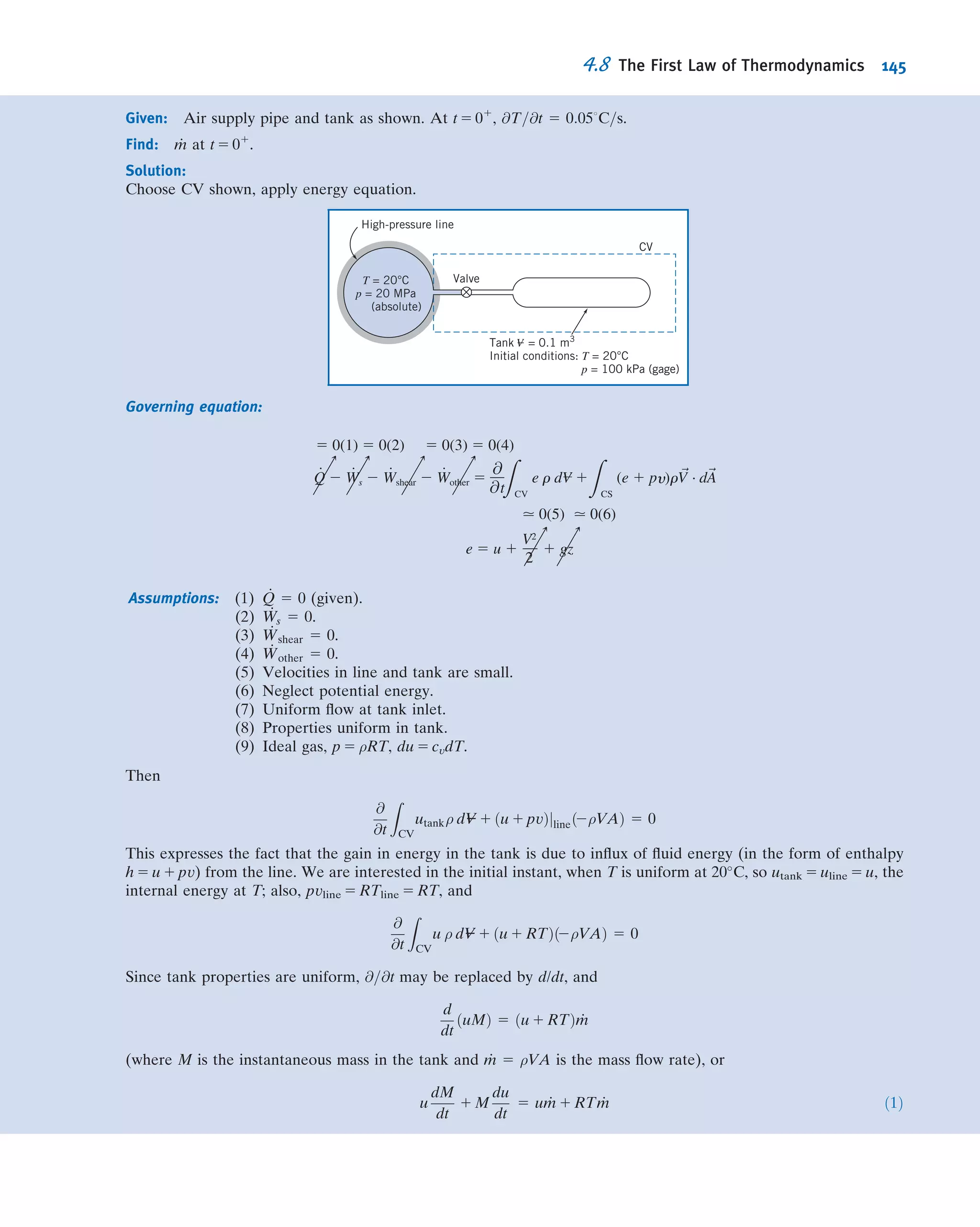 so
ρðVs 1 dVsÞðA 1 dAÞ 5 ρVsA ð4:19aÞ
On expanding the left side and simplifying, we obtain
Vs dA 1 A dVs 1 dA dVs 5 0
But dA dVs is a product of differentials, which may be neglected compared with Vs dA
or A dVs. Thus
Vs dA 1 A dVs 5 0 ð4:19bÞ
b. Streamwise Component of the Momentum Equation
Basic equation: FSs ϩ FBs ϭ
CV
us dV ϩ
CS
us V dA
ϭ 0(1)
␳ ␳͵ ͵t
· ð4:20Þ
Assumption: (4) No friction, so FSb
is due to pressure forces only.
The surface force (due only to pressure) will have three terms:
FSs
5 pA 2 ðp 1 dpÞðA 1 dAÞ 1 p 1
dp
2
 
dA ð4:21aÞ
The ﬁrst and second terms in Eq. 4.21a are the pressure forces on the end faces of the
control surface. The third term is FSb
, the pressure force acting in the s direction on
the bounding stream surface of the control volume. Its magnitude is the product of the
average pressure acting on the stream surface, p 1 1
2 dp, times the area component of
the stream surface in the s direction, dA. Equation 4.21a simpliﬁes to
FSs
5 2A dp 2
1
2
dp dA ð4:21bÞ
The body force component in the s direction is
FBs
5 ρgs dV--- 5 ρð2g sin θÞ A 1
dA
2
 
ds
But sin θ ds 5 dz, so that
FBs
5 2ρg A 1
dA
2
 
dz ð4:21cÞ
The momentum ﬂux will be
Z
CS
us ρ ~V Á d ~A 5 Vsð2ρVsAÞ 1 ðVs 1 dVsÞfρðVs 1 dVsÞðA 1 dAÞg
since there is no mass ﬂux across the bounding stream surfaces. The mass ﬂux factors
in parentheses and braces are equal from continuity, Eq. 4.19a, so
Z
CS
us ρ ~V Á d ~A 5 Vsð2ρVsAÞ 1 ðVs 1 dVsÞðρVsAÞ 5 ρVsA dVs ð4:22Þ
Substituting Eqs. 4.21b, 4.21c, and 4.22 into Eq. 4.20 (the momentum equation) gives
2A dp 2
1
2
dp dA 2 ρgA dz 2
1
2
ρg dA dz 5 ρVsA dVs
4.4 Momentum Equation for Inertial Control Volume 123
 