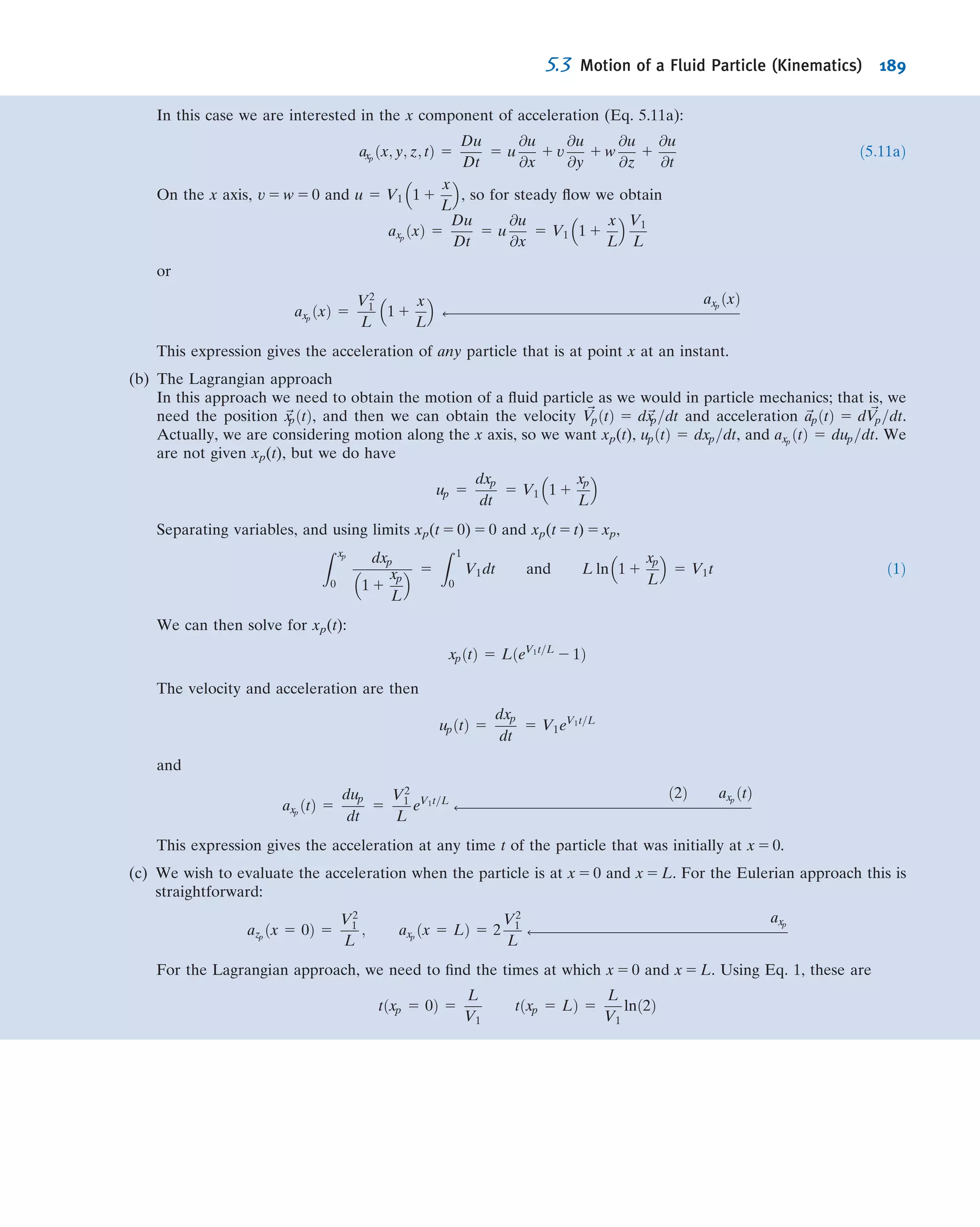 *4.179 A disk, of mass M, is constrained horizontally but is
free to move vertically. A jet of water strikes the disk from
below. The jet leaves the nozzle at initial speed V0. Obtain a
differential equation for the disk height, h(t), above the jet
exit plane if the disk is released from large height, H. (You
will not be able to solve this ODE, as it is highly nonlinear!)
Assume that when the disk reaches equilibrium, its height
above the jet exit plane is h0.
(a) Sketch h(t) for the disk released at t 5 0 from H . h0.
(b) Explain why the sketch is as you show it.
*4.180 Consider the conﬁguration of the vertical jet
impinging on a horizontal disk shown in Problem 4.158.
Assume the disk is released from rest at an initial height of 2 m
above the jet exit plane. Using a numerical method such as the
Euler method (see Section 5.5), solve for the subsequent
motion of this disk. Identify the steady-state height of the disk.
4.181 A small solid-fuel rocket motor is ﬁred on a test stand.
The combustion chamber is circular, with 100 mm diameter.
Fuel, of density 1660 kg/m3
, burns uniformly at the rate of
12.7 mm/s. Measurements show that the exhaust gases leave
the rocket at ambient pressure, at a speed of 2750 m/s. The
absolute pressure and temperature in the combustion chamber
are 7.0 MPa and 3610 K, respectively. Treat the combustion
products as an ideal gas with molecular mass of 25.8. Evaluate
the rate of change of mass and of linear momentum within the
rocket motor. Express the rate of change of linear momentum
within the motor as a percentage of the motor thrust.
*4.182 The capability of the Aircraft Landing Loads and
Traction Facility at NASA’s Langley Research Center is to
be upgraded. The facility consists of a rail-mounted carriage
propelled by a jet of water issuing from a pressurized tank.
(The setup is identical in concept to the hydraulic catapult of
Problem 4.138.) Speciﬁcations require accelerating the car-
riage with 49,000 kg mass to a speed of 220 knots in a dis-
tance of 122 m. (The vane turning angle is 170
.) Identify a
range of water jet sizes and speeds needed to accomplish this
performance. Specify the recommended operating pressure
for the water-jet system and determine the shape and esti-
mated size of tankage to contain the pressurized water.
*4.183 A classroom demonstration of linear momentum is
planned, using a water-jet propulsion system for a cart trav-
eling on a horizontal linear air track. The track is 5 m long, and
the cart mass is 155 g. The objective of the design is to obtain
the best performance for the cart, using 1 L of water contained
in an open cylindrical tank made from plastic sheet with
density of 0.0819 g/cm2
. For stability, the maximum height of
the water tank cannot exceed 0.5 m. The diameter of the
smoothly rounded water jet may not exceed 10 percent of the
tank diameter. Determine the best dimensions for the tank
and the water jet by modeling the system performance. Usinga
numerical method such as the Euler method (see Section 5.5),
plot acceleration, velocity, and distance as functions of time.
Find the optimum dimensions of the water tank and jet
opening from the tank. Discuss the limitations on your ana-
lysis. Discuss how the assumptions affect the predicted per-
formance of the cart. Would the actual performance of the cart
be better or worse than predicted? Why? What factors account
for the difference(s)?
*4.184 Analyze the design and optimize the performance of
a cart propelled along a horizontal track by a water jet that
issues under gravity from an open cylindrical tank carried on
board the cart. (A water-jet-propelled cart is shown in the
diagram for Problem 4.142.) Neglect any change in slope of
the liquid free surface in the tank during acceleration.
Analyze the motion of the cart along a horizontal track,
assuming it starts from rest and begins to accelerate when
water starts to ﬂow from the jet. Derive algebraic equations
or solve numerically for the acceleration and speed of the
cart as functions of time. Present results as plots of accel-
eration and speed versus time, neglecting the mass of the
tank. Determine the dimensions of a tank of minimum mass
required to accelerate the cart from rest along a horizontal
track to a speciﬁed speed in a speciﬁed time interval.
The Angular-Momentum Principle
*4.185 A large irrigation sprinkler unit, mounted on a cart,
discharges water with a speed of 40 m/s at an angle of 30
to the
horizontal. The 50-mm-diameter nozzle is 3 m above the ground.
The mass of the sprinkler and cart is M 5 350 kg. Calculate the
magnitude of the moment that tends to overturn the cart. What
value of V will cause impending motion? What will be the nature
of the impending motion? What is the effect of the angle of jet
inclinationontheresults?Forthe caseofimpending motion,plot
the jet velocity as a function of the angle of jet inclination over an
appropriate range of the angles.
30°
V
w = 1.5 m
P4.185
*4.186 The 90
reducing elbow of Example 4.6 discharges
to atmosphere. Section 2 is located 0.3 m to the right of
Section 1 . Estimate the moment exerted by the ﬂange on
the elbow.
*4.187 Crude oil (SG 5 0.95) from a tanker dock ﬂows
through a pipe of 0.25 m diameter in the conﬁguration shown.
The ﬂow rate is 0.58 m3
/s, and the gage pressures are shown in
the diagram. Determine the force and torque that are exerted
by the pipe assembly on its supports.
Q = 0.58 m3
/s
p = 345 kPa
p = 332 kPa
D = 0.25 m
L = 20 m
P4.187
*These problems require material from sections that may be omitted without loss of continuity in the text material.
Problems 167
 