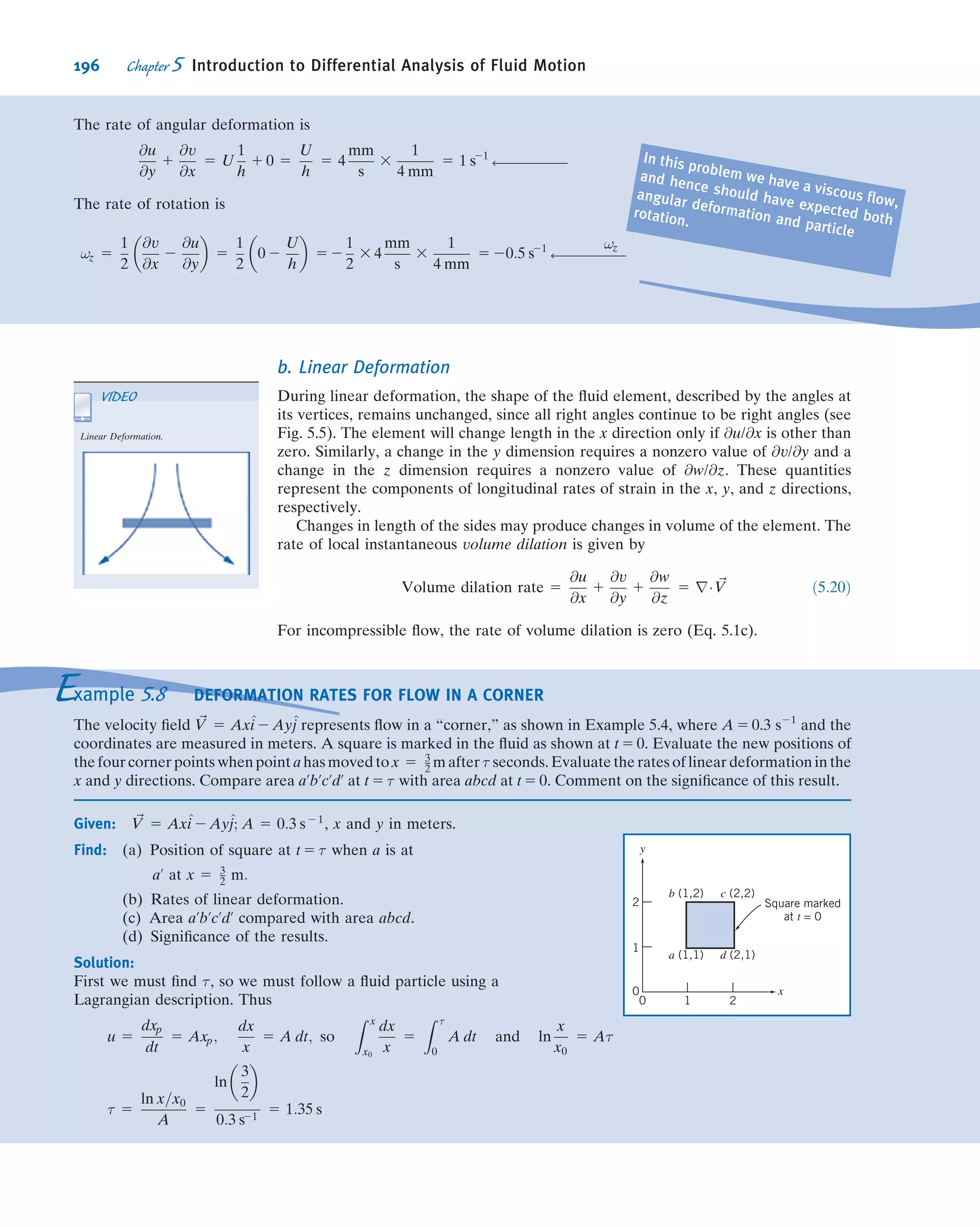 Table 5.1 shows the details of this evaluation. Note: We assume that the velocity
components u, v, and w are positive in the x, y, and z directions, respectively; the area
normal is by convention positive out of the cube; and higher-order terms [e.g., (dx)2
]
are neglected in the limit as dx, dy, and dz - 0.
The result of all this work is
@ρu
@x
1
@ρv
@x
1
@ρw
@x
 
dx dy dz
This expression is the surface integral evaluation for our differential cube. To com-
plete Eq. 4.12, we need to evaluate the volume integral (recall that @=@t
R
CV ρdV--- is the
rate of change of mass in the control volume):
@
@t
Z
CV
ρdV----
@
@t
½ρdx dy dzŠ 5
@ρ
@t
dx dy dz
Hence, we obtain (after canceling dx dy dz) from Eq. 4.12 a differential form of the
mass conservation law
Table 5.1
Mass Flux Through the Control Surface of a Rectangular Differential Control Volume
Surface Evaluation of
Z
ρ~V Ád~A
Left
ð2xÞ
5 2 ρ 2
@ρ
@x
 
dx
2
 
u 2
@u
@x
 
dx
2
 
dy dz 5 2ρu dy dz 1
1
2
u
@ρ
@x
 
1 ρ
@u
@x
  
dx dy dz
Right
ð1xÞ
5 ρ 1
@ρ
@x
 
dx
2
 
u 1
@u
@x
 
dx
2
 
dy dz 5 ρu dy dz 1
1
2
u
@ρ
@x
 
1 ρ
@u
@x
  
dx dy dz
Bottom
ð2yÞ
5 2 ρ 2
@ρ
@y
 
dy
2
 
v 2
@v
@y
 
dy
2
 
dx dz 5 2ρv dx dz 1
1
2
v
@ρ
@y
 
1 ρ
@v
@y
  
dx dy dz
Top
ð1yÞ
5 ρ 1
@ρ
@y
 
dy
2
 
v 1
@v
@y
 
dy
2
 
dx dz 5 ρv dx dz 1
1
2
v
@ρ
@y
 
1 ρ
@v
@y
  
dx dy dz
Back
ð2zÞ
5 2 ρ 2
@ρ
@z
 
dz
2
 
w 2
@w
@z
 
dz
2
 
dx dy 5 2ρw dx dy 1
1
2
w
@ρ
@z
 
1 ρ
@w
@z
  
dx dy dz
Front
ð1zÞ
5 ρ 1
@ρ
@z
 
dz
2
 
w 1
@w
@z
 
dz
2
 
dx dy 5 ρw dx dy 1
1
2
w
@ρ
@z
 
1 ρ
@w
@z
  
dx dy dz
Adding the results for all six faces,
Z
CS
ρ ~VÁd ~A 5 u
@ρ
@x
 
1 ρ
@u
@x
  
1 v
@ρ
@y
 
1 ρ
@v
@y
  
1 w
@ρ
@z
 
1 ρ
@w
@z
   
dx dy dz
or
Z
CS
ρ ~V Ád ~A 5
@ρu
@x
1
@ρv
@y
1
@ρw
@z
 
dx dy dz
174 Chapter 5 Introduction to Differential Analysis of Fluid Motion
 