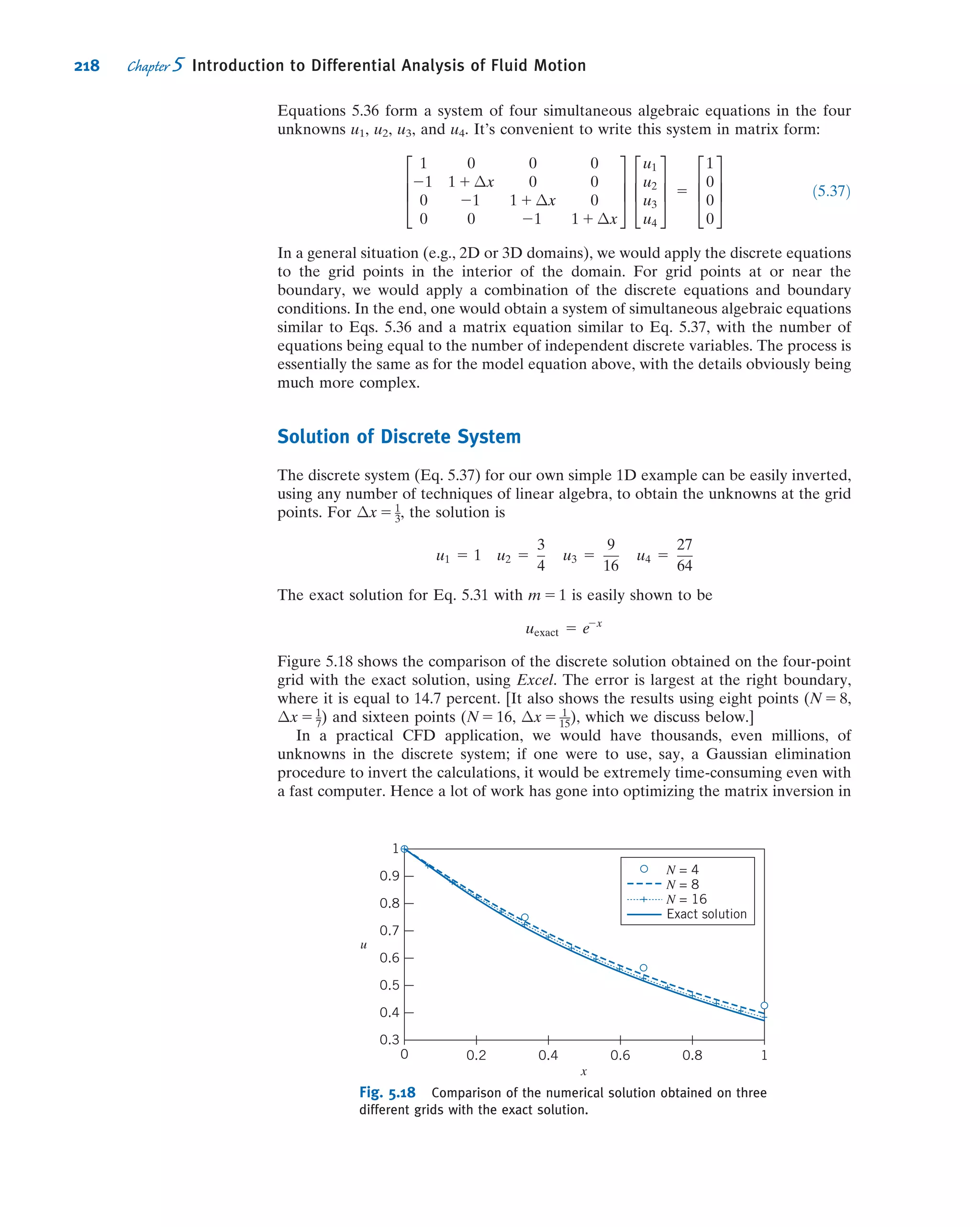 Then, in vector notation, we can write
~ω 5
1
2
r 3 ~V ð5:14Þ
It is worth noting here that we should not confuse rotation of a ﬂuid particle with ﬂow
consisting of circular streamlines, or vortex ﬂow. As we will see in Example 5.6, in
such a ﬂow the particles could rotate as they move in a circular motion, but they do
not have to!
When might we expect to have a ﬂow in which the particles rotate as they move
(~ω 6¼ 0)? One possibility is that we start out with a ﬂow in which (for whatever
reason) the particles already have rotation. On the other hand, if we assumed the
particles are not initially rotating, particles will only begin to rotate if they experience
a torque caused by surface shear stresses; the particle body forces and normal
(pressure) forces may accelerate and deform the particle, but cannot generate a
torque. We can conclude that rotation of ﬂuid particles will always occur for ﬂows in
which we have shear stresses. We have already learned in Chapter 2 that shear
stresses are present whenever we have a viscous ﬂuid that is experiencing angular
deformation (shearing). Hence we conclude that rotation of ﬂuid particles only occurs
in viscous ﬂows4
(unless the particles are initially rotating, as in Example 3.10).
Flows for which no particle rotation occurs are called irrotational ﬂows. Although
no real ﬂow is truly irrotational (all ﬂuids have viscosity), it turns out that many ﬂows
can be successfully studied by assuming they are inviscid and irrotational, because
viscous effects are often negligible. As we discussed in Chapter 1, and will again in
Chapter 6, much of aerodynamics theory assumes inviscid ﬂow. We just need to be
aware that in any ﬂow there will always be regions (e.g., the boundary layer for ﬂow
over a wing) in which viscous effects cannot be ignored.
The factor of 1
2 can be eliminated from Eq. 5.14 by deﬁning the vorticity, ~ζ, to be
twice the rotation,
~ζ  2~ω 5 r 3 ~V ð5:15Þ
The vorticity is a measure of the rotation of a ﬂuid element as it moves in the ﬂow
ﬁeld. In cylindrical coordinates the vorticity is5
r 3 ~V 5 ˆer
1
r
@Vz
@θ
2
@Vθ
@z
 
1 ˆeθ
@Vr
@z
2
@Vz
@r
 
1 ^k
1
r
@rVθ
@r
2
1
r
@Vr
@θ
 
ð5:16Þ
The circulation, Γ (which we will revisit in Example 6.12), is deﬁned as the line
integral of the tangential velocity component about any closed curve ﬁxed in the ﬂow,
Γ 5
I
c
~V Á d~s ð5:17Þ
where d~s is an elemental vector tangent to the curve and having length ds of the
element of arc; a positive sense corresponds to a counterclockwise path of integration
around the curve. We can develop a relationship between circulation and vorticity by
considering the rectangular circuit shown in Fig. 5.8, where the velocity components
at o are assumed to be (u, v), and the velocities along segments bc and ac can be
derived using Taylor series approximations.
4
A rigorous proof using the complete equations of motion for a ﬂuid particle is given in Li and Lam,
pp. 142À145.
5
In carrying out the curl operation, recall that ˆer and ˆeθ are functions of θ (see footnote 1 on p. 178).
CLASSIC VIDEO
Vorticity.
192 Chapter 5 Introduction to Differential Analysis of Fluid Motion
 