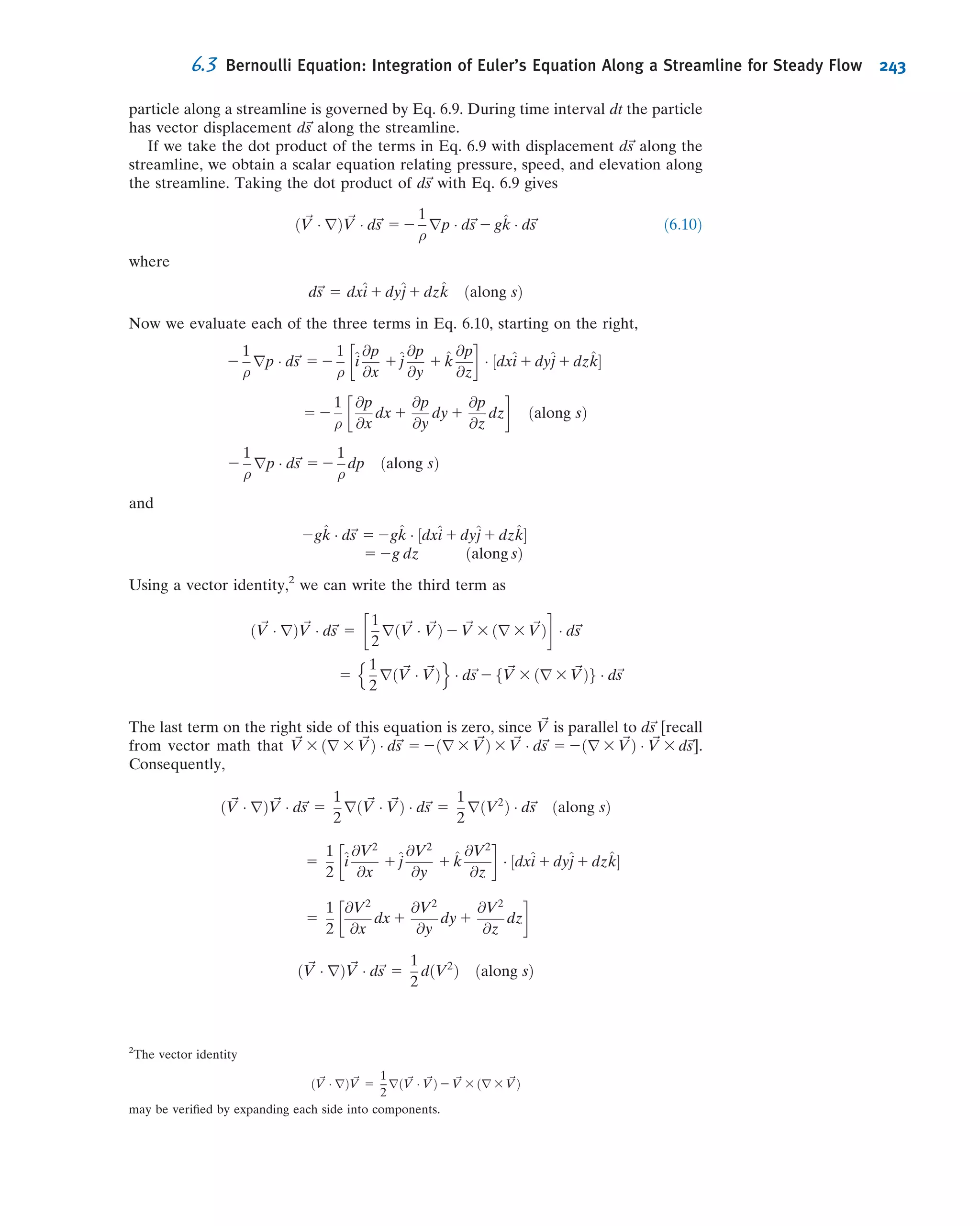 Rearranging this gives
du
dx
 
i
5
ui 2 ui21
Δx
1
d2
u
dx2
 
i
Δx
2
2
d3
u
dx3
 
i
Δx2
6
1 Á Á Á ð5:33Þ
We’ll neglect the second-, third-, and higher-order terms on the right. Thus, the ﬁrst
term on the right is the ﬁnite-difference representation for (du/dx)i we are seeking.
The error in (du/dx)i due to the neglected terms in the Taylor series is called the
truncation error. In general, the truncation error is the difference between the dif-
ferential equation and its ﬁnite-difference representation. The leading-order term in
the truncation error in Eq. 5.33 is proportional to Δx. Equation 5.33 is rewritten as
du
dx
 
i
5
ui 2 ui21
Δx
1 OðΔxÞ ð5:34Þ
where the last term is pronounced “order of delta x.” The notation O(Δx) has a
precise mathematical meaning, which we will not go into here. Instead, in the interest
of brevity, we’ll return to it brieﬂy later when we discuss the topic of grid convergence.
Since the truncation error is proportional to the ﬁrst power of Δx, this discrete
representation is termed ﬁrst-order accurate.
Using Eq. 5.34 in Eq. 5.32, we get the following discrete representation for our
model equation:
ui 2 ui21
Δx
1 ui 5 0 ð5:35Þ
Note that we have gone from a differential equation to an algebraic equation! Though
we have not written it out explicitly, don’t forget that the error in this representation is
O(Δx).
This method of deriving the discrete equation using Taylor’s series expansions is
called the ﬁnite-difference method. Keep in mind that most industrial CFD software
packages use the ﬁnite-volume or ﬁnite-element discretization methods since they are
better suited to modeling ﬂow past complex geometries. We will stick with the ﬁnite-
difference method in this text since it is the easiest to understand; the concepts dis-
cussed also apply to the other discretization methods.
Assembly of Discrete System and Application
of Boundary Conditions
Rearranging the discrete equation, Eq. 5.35, we get
2ui21 1 ð1 1 ΔxÞui 5 0
Applying this equation at grid points i 5 2, 3, 4 for the 1D grid in Fig. 5.17 gives
2u1 1 ð1 1 ΔxÞu2 5 0 ð5:36aÞ
2u2 1 ð1 1 ΔxÞu3 5 0 ð5:36bÞ
2u3 1 ð1 1 ΔxÞu4 5 0 ð5:36cÞ
The discrete equation cannot be applied at the left boundary (i 5 1) since ui21 5 u0 is
not deﬁned. Instead, we use the boundary condition to get
u1 5 1 ð5:36dÞ
5.5 Introduction to Computational Fluid Dynamics 217
 