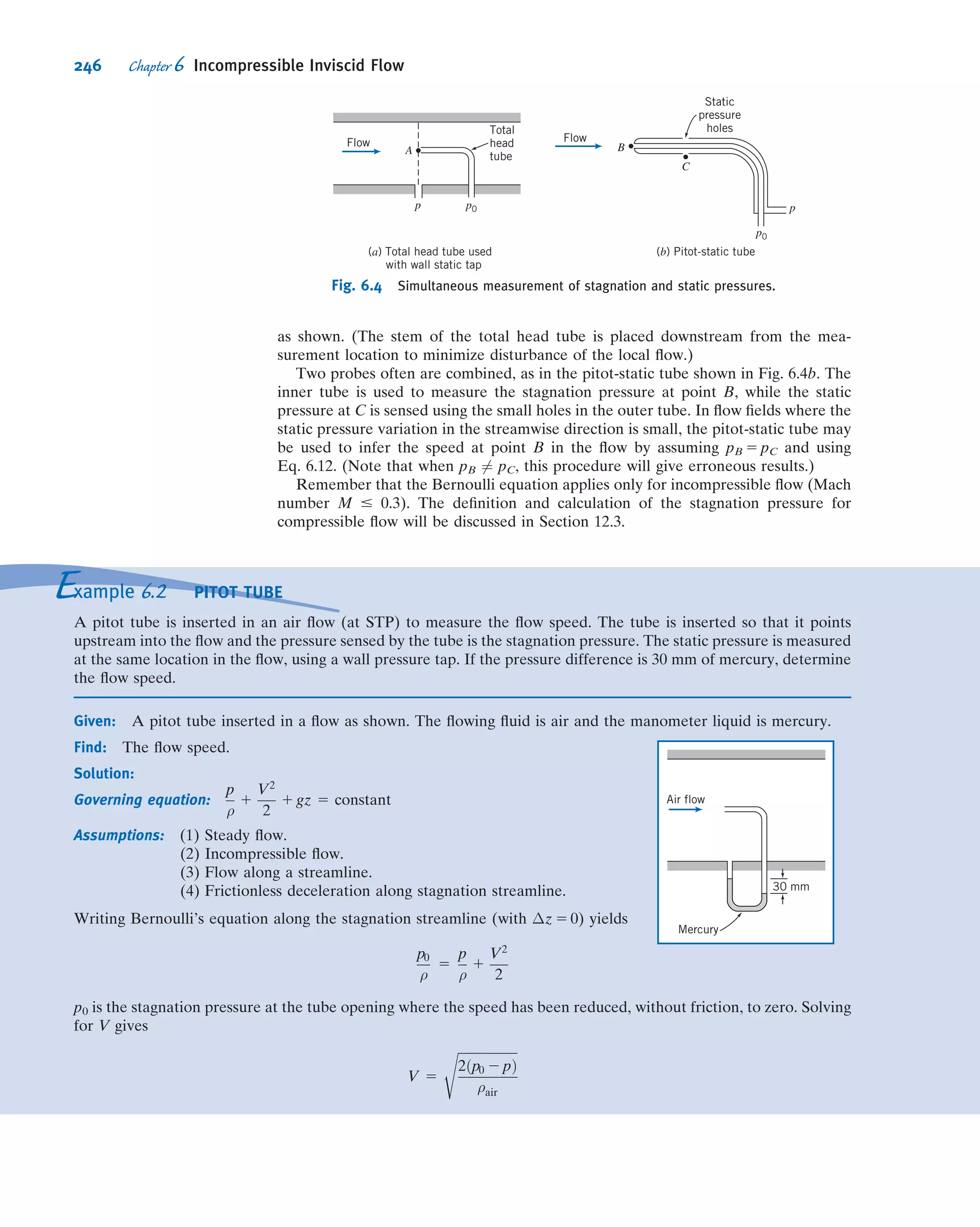 It’s reasonable to expect that
ε ~ Δxn
Since the truncation error is O(Δx) for our discretization scheme, we expect n 5 1 (or
more precisely, n - 1 as Δx - 0). The ε values for the three grids are plotted on a
logarithmic scale in Fig. 5.19. The slope of the least squares ﬁt gives the value of n. For
Fig. 5.19, we get n 5 0.92, which is quite close to 1. We expect that as the grid is reﬁned
further and Δx becomes progressively smaller, the value of n will approach 1. For a
second-order scheme, we would expect n B 2; this means the discretization error will
decrease twice as fast on reﬁning the grid.
Dealing with Nonlinearity
The NavierÀStokes equations (Eqs. 5.27) contain nonlinear convection terms; for
example, in Eq. 5.27a, the convective acceleration term, u@u=@x 1 v@u=@y 1 w@u=@z,
has products of u with itself as well as with v and w. Phenomena such as turbulence
and chemical reaction introduce additional nonlinearities. The highly nonlinear na-
ture of the governing equations for a ﬂuid makes it challenging to obtain accurate
numerical solutions for complex ﬂows of practical interest.
We will demonstrate the effect of nonlinearity by setting m 5 2 in our simple 1D
example, Eq. 5.31:
du
dx
1 u2
5 0; 0 # x # 1; uð0Þ 5 1
A ﬁrst-order ﬁnite-difference approximation to this equation, analogous to that in Eq.
5.35 for m 5 1, is
ui 2 ui21
Δx
1 u2
i 5 0 ð5:38Þ
This is a nonlinear algebraic equation with the u2
i term being the source of the
nonlinearity.
The strategy that is adopted to deal with nonlinearity is to linearize the equations
around a guess value of the solution and to iterate until the guess agrees with the
solution to a speciﬁed tolerance level. We’ll illustrate this on the above example. Let
ugi
be the guess for ui. Deﬁne
Δui 5 ui 2 ugi
Rearranging and squaring this equation gives
u2
i 5 u2
gi
1 2ugi
Δui 1 ðΔuiÞ2
Assuming that Δui ( ugi
, we can neglect the ðΔuiÞ2
term to get
u2
i % u2
gi
1 2ugi
Δui 5 u2
gi
1 2ugi
ðui 2 ugi
Þ
Thus
u2
i % 2ugi
ui 2 u2
gi
ð5:39Þ
The ﬁnite-difference approximation, Eq. 5.38, after linearization in ui, becomes
ui 2 ui21
Δx
1 2ugi
ui 2 u2
gi
5 0 ð5:40Þ
220 Chapter 5 Introduction to Differential Analysis of Fluid Motion
 