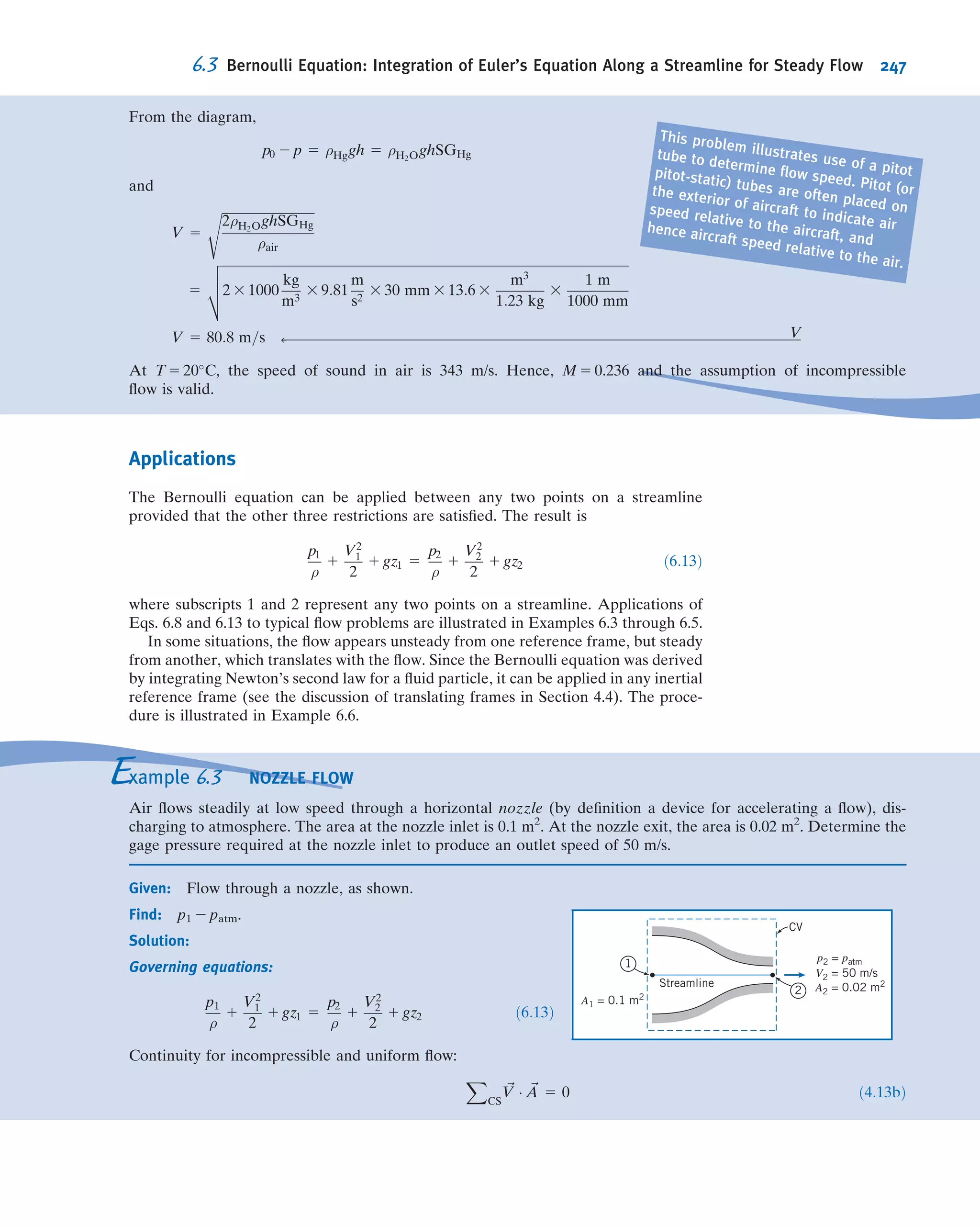 Since the error due to linearization is O(Δu2
), it tends to zero as ug-u.
In order to calculate the ﬁnite-difference approximation, Eq. 5.40, we need guess
values ug at the grid points. We start with an initial guess value in the ﬁrst iteration.
For each subsequent iteration, the u value obtained in the previous iteration is used as
the guess value. We continue the iterations until they converge. We’ll defer the dis-
cussion on how to evaluate convergence until a little later.
This is essentially the process used in CFD codes to linearize the nonlinear terms in
the conservation equations, with the details varying depending on the code. The
important points to remember are that the linearization is performed about a guess
and that it is necessary to iterate through successive approximations until the itera-
tions converge.
Direct and Iterative Solvers
We saw that we need to perform iterations to deal with the nonlinear terms in the
governing equations. We next discuss another factor that makes it necessary to carry
out iterations in practical CFD problems.
As an exercise, you can verify that the discrete equation system resulting from the
ﬁnite-difference approximation of Eq. 5.40, on our four-point grid, is
1 0 0 0
21 1 1 2Δxug2
0 0
0 21 1 1 2Δxug3
0
0 0 21 1 1 2Δxug4
2
6
6
4
3
7
7
5
u1
u2
u3
u4
2
6
6
4
3
7
7
5 5
1
Δxu2
g2
Δxu2
g3
Δxu2
g4
2
6
6
6
4
3
7
7
7
5
ð5:41Þ
In a practical problem, one would usually have thousands to millions of grid points or
cells so that each dimension of the above matrix would be of the order of a million
(with most of the elements being zeros). Inverting such a matrix directly would take a
prohibitively large amount of memory, so instead the matrix is inverted using an
iterative scheme as discussed below.
Rearrange the ﬁnite-difference approximation, Eq. 5.40, at grid point i so that ui is
expressed in terms of the values at the neighboring grid points and the guess values:
ui 5
ui21 1 Δx u2
gi
1 1 2Δx ugi
If a neighboring value at the current iteration level is not available, we use the guess
value for it. Let’s say that we sweep from right to left on our grid; that is, we update u4,
then u3, and ﬁnally u2 in each iteration. In any iteration, ui21 is not available while
updating ui and so we use the guess value ugi 2 1
for it instead:
ui 5
ugi 2 1
1 Δx u2
gi
1 1 2Δx ugi
ð5:42Þ
Since we are using the guess values at neighboring points, we are effectively obtaining
only an approximate solution for the matrix inversion in Eq. 5.41 during each itera-
tion, but in the process we have greatly reduced the memory required for the inver-
sion. This trade-off is a good strategy since it doesn’t make sense to expend a great
deal of resources to do an exact matrix inversion when the matrix elements depend on
guess values that are continuously being reﬁned. We have in effect combined
the iteration to handle nonlinear terms with the iteration for matrix inversion into a
single iteration process. Most importantly, as the iterations converge and ug - u, the
approximate solution for the matrix inversion tends towards the exact solution for
the inversion, since the error introduced by using ug instead of u in Eq. 5.42 also tends
5.5 Introduction to Computational Fluid Dynamics 221
 