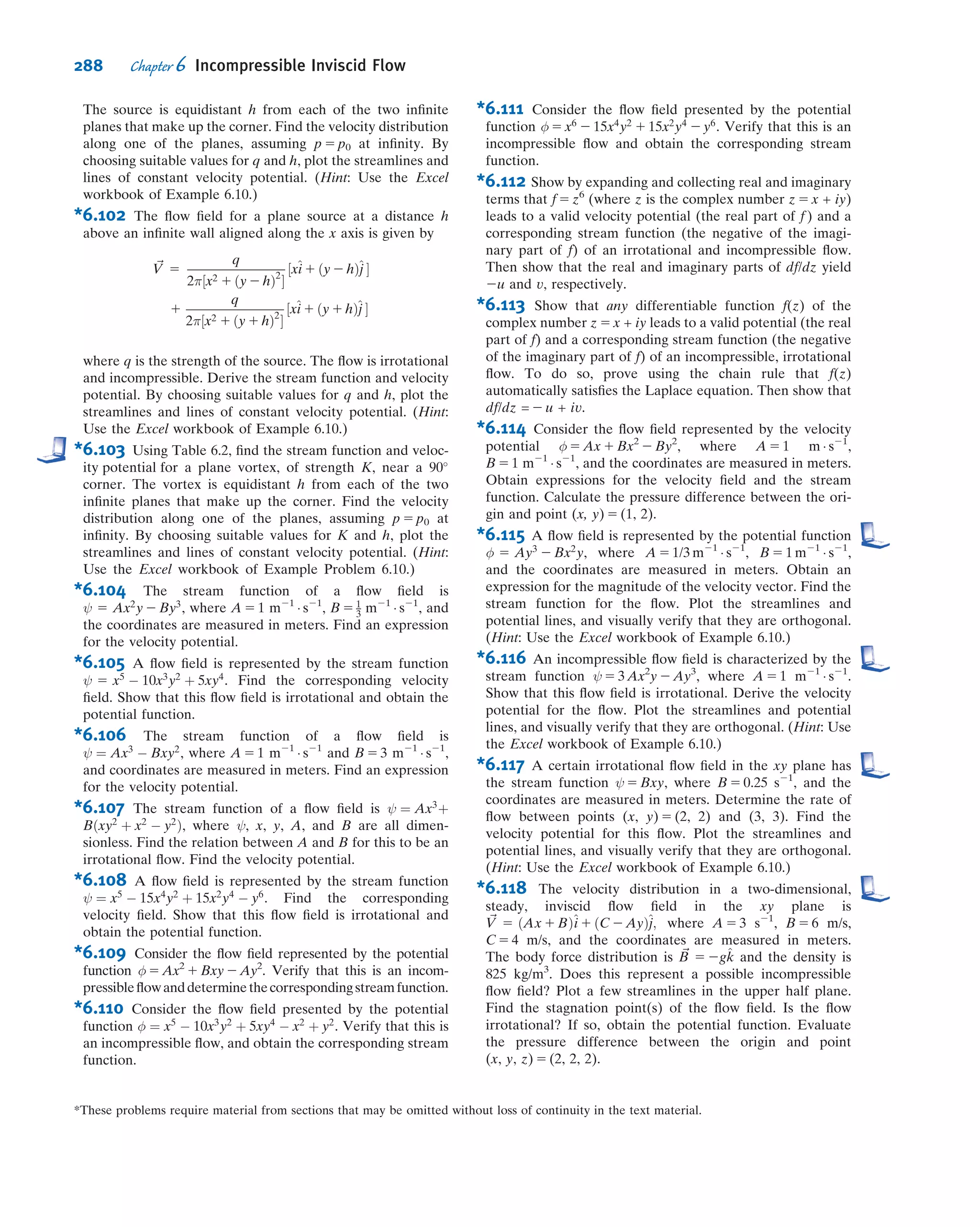 All real ﬂuids possess viscosity, but there are many situations in which the
assumption of inviscid ﬂow considerably simpliﬁes the analysis and, at the same time,
gives meaningful results. Because of its relative simplicity and mathematical beauty,
potential ﬂow has been studied extensively.4
Stream Function and Velocity Potential for Two-Dimensional,
Irrotational, Incompressible Flow: Laplace’s Equation
For a two-dimensional, incompressible, irrotational ﬂow we have expressions for the
velocity components, u and v, in terms of both the stream function ψ, and the velocity
potential φ,
u 5
@ψ
@y
v 5 2
@ψ
@x
ð5:4Þ
u 5 2
@φ
@x
v 5 2
@φ
@y
ð6:29Þ
Substituting for u and v from Eq. 5.4 into the irrotationality condition,
@v
@x
2
@u
@y
5 0 ð6:23Þ
we obtain
@2
ψ
@x2
1
@2
ψ
@y2
5 r2
ψ 5 0 ð6:31Þ
Substituting for u and v from Eq. 6.29 into the continuity equation,
@u
@x
1
@v
@y
5 0 ð5:3Þ
we obtain
@2
φ
@x2
1
@2
φ
@y2
5 r2
φ 5 0 ð6:32Þ
Equations 6.31 and 6.32 are forms of Laplace’s equation—an equation that arises in
many areas of the physical sciences and engineering. Any function ψ or φ that satisﬁes
Laplace’s equation represents a possible two-dimensional, incompressible, irrota-
tional ﬂow ﬁeld.
Table 6.1 summarizes the results of our discussion of the stream function and
velocity potential for two dimensional ﬂows.
The same rules (of when incompressibility and irrotationality apply, and with the
appropriate form of Laplace’s equation) are valid for the stream function and velocity
potential when expressed in cylindrical coordinates,
Vr 5
1
r
@ψ
@θ
and Vθ 5 2
@ψ
@r
ð5:8Þ
4
Anyone interested in a detailed study of potential ﬂow theory may ﬁnd [4À6] of interest.
262 Chapter 6 Incompressible Inviscid Flow
 
