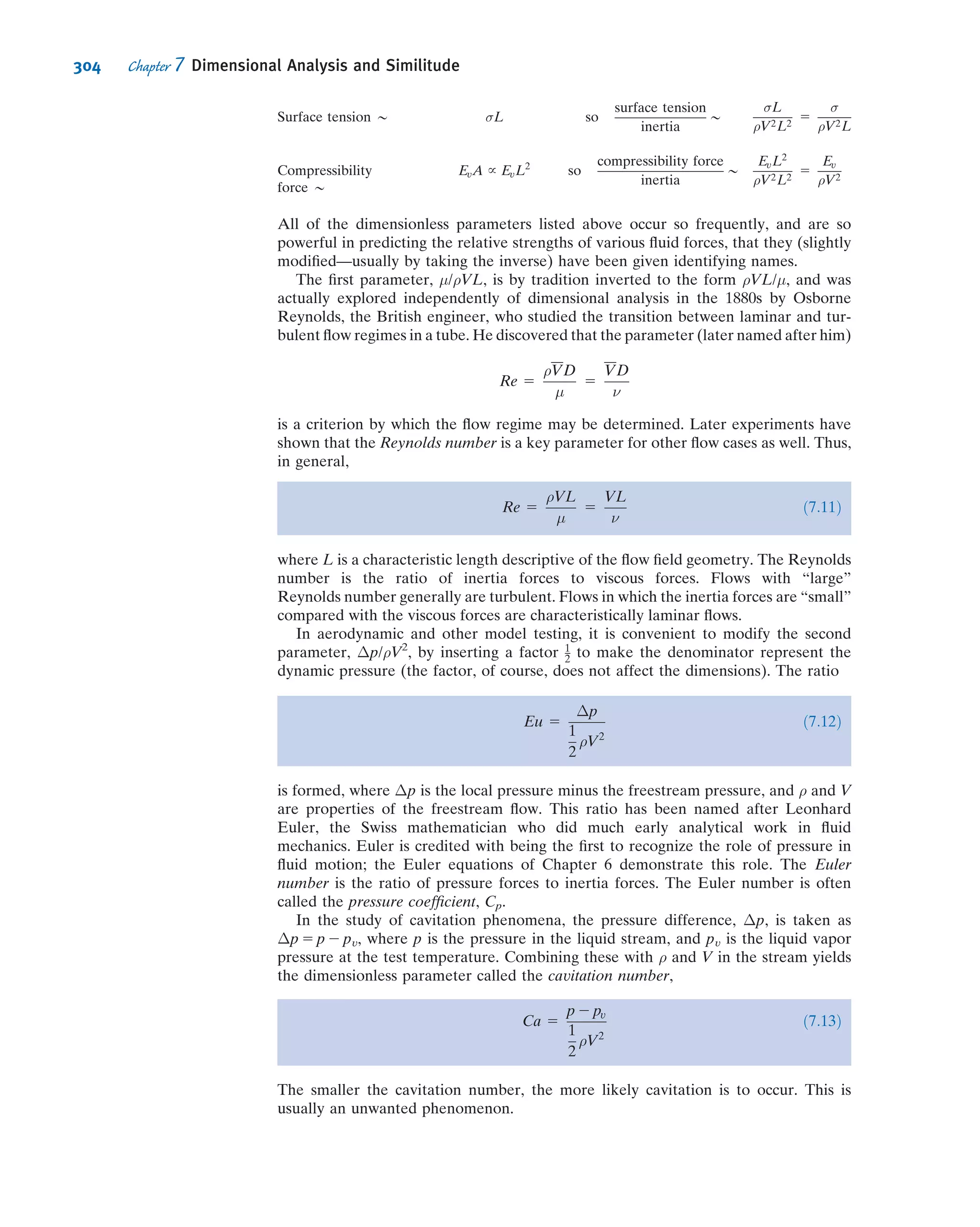 Relation between EGL,
HGL, and dynamic
pressure:
EGL 2 HGL 5
V2
2g
(6.16d)
Page
258
The unsteady Bernoulli
equation (incompressi-
ble, inviscid, along a
streamline):
p1
ρ
1
V2
1
2
1 gz1 5
p2
ρ
1
V2
2
2
1 gz2 1
Z 2
1
@V
@t
ds
(6.21)
Page
W-16
Deﬁnition of stream
function (2D, incom-
pressible ﬂow):
u 5
@ψ
@y
v 5 2
@ψ
@x
(5.4)
Page
262
Deﬁnition of velocity
potential (2D irrota-
tional ﬂow):
u 5 2
@φ
@x
v 5 2
@φ
@y
(6.29)
Page
262
Deﬁnition of stream
function (2D, incom-
pressible ﬂow, cylindrical
coordinates):
Vr 5
1
r
@ψ
@θ
and Vθ 5 2
@ψ
@r
(5.8)
Page
262
Deﬁnition of velocity
potential (2D irrota-
tional ﬂow, cylindrical
coordinates):
Vr 5 2
@φ
@r
and Vθ 5 2
1
r
@φ
@θ
(6.33)
Page
263
Case Study
The Blended Wing-Body Aircraft
The X-48B prototype in the full-scale NASA tunnel. (Credit: Boeing/
Bob Ferguson)
Boeing Phantom Works has partnered with NASA and
the U.S. Air Force Research Laboratory to study an
advanced-concept, fuel-efﬁcient, blended wing-body. It
is called a blended wing-body (BWB) because it looks
more like a modiﬁed triangular-shaped wing than tra-
ditional aircraft, which essentially consist of a tube and
wing with a tail. The concept of a BWB actually goes
back to the 1940s, but developments in composite
materials and ﬂy-by-wire controls are making it more
feasible. Researchers have tested a 6.3-m wingspan
(8.5 percent scale) prototype of the X-48B, a BWB
aircraft that could have military and commercial appli-
cations. The next step is for NASA to ﬂight-test a scale-
model variant called X-48C. The X-48C will be used to
examine how engines mounted to the rear and above
the body help to shield the ground from engine noise
on takeoff and approach. It also features tail ﬁns for
additional noise shielding and for ﬂight control.
The big difference between BWB aircraft and the tra-
ditional tube-and-wing aircraft, apart from the fact that
the tube is absorbed into the wing shape, is that it does
not have a tail. Traditional aircraft need a tail for stability
and control; the BWB uses a number of different multiple-
control surfaces and possibly tail ﬁns to control the
vehicle. There will be a number of advantages to the BWB
if it proves feasible. Because the entire structure
278 Chapter 6 Incompressible Inviscid Flow
 